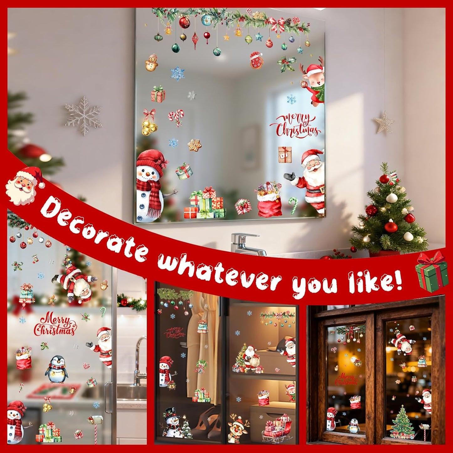 9 Sheets Christmas Window Stickers - Festive Holiday Lights, Santa, Snowman & Reindeer Window Clings, Reusable Christmas Windows Decals for Home Party Decor/Indoor Glass Decoration Festival Decor