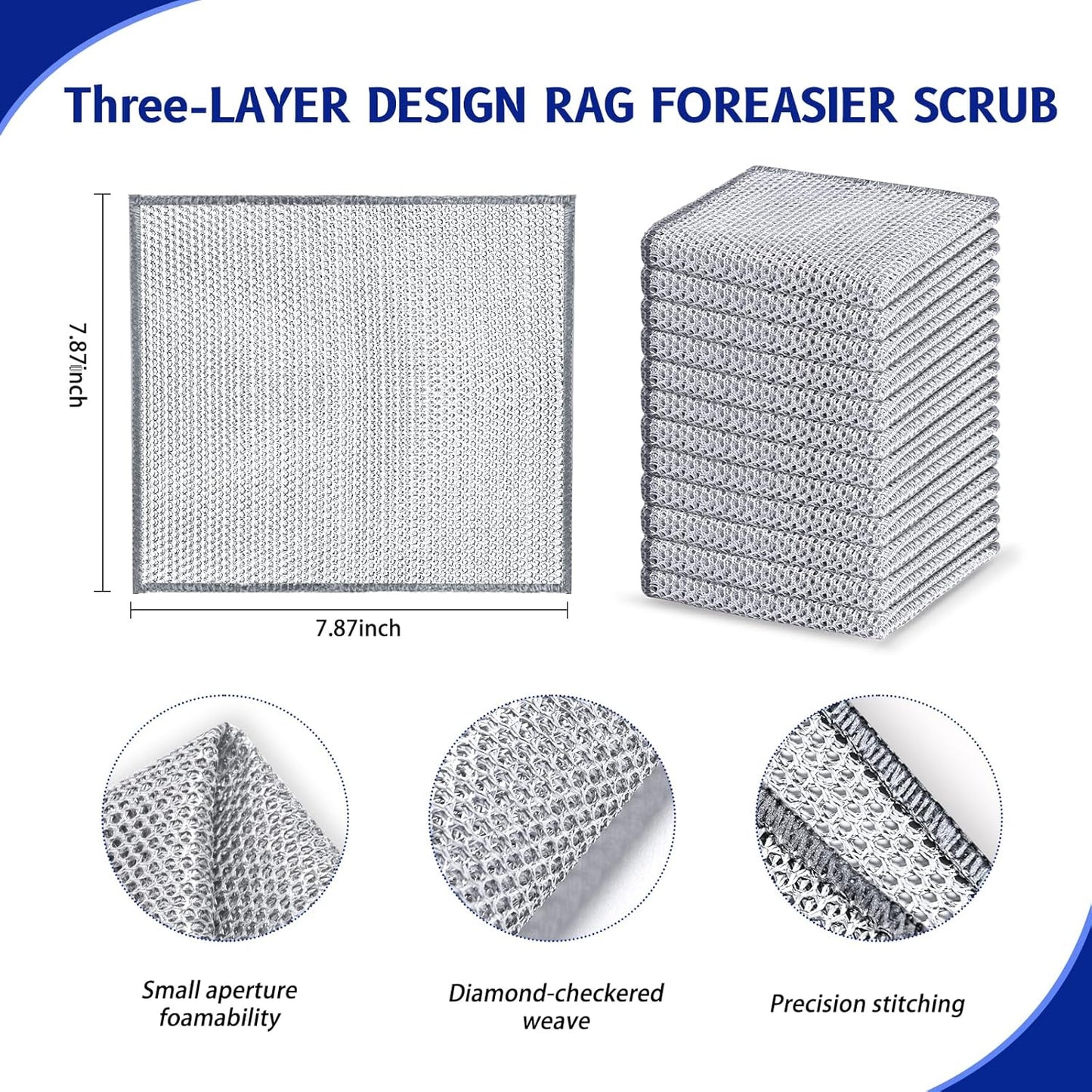 12 PCS New Upgrade 3-Layer Non-Scratch Multipurpose Steel Wire Dishcloths - Reusable Quick-Dry Odor-Free Scrub Cloths for Dishes, Kitchen Cleaning Cloths for Cookware, Sinks, Stove Tops 7.87“ x 7.87”