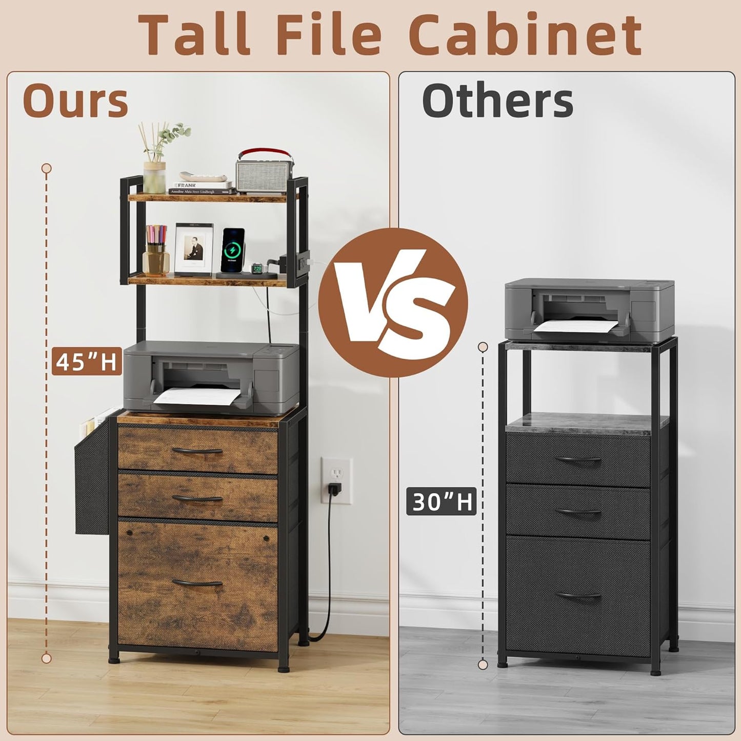 Small 3 Drawer File Cabinet with Charging Station, 45''H, 3-Tier Filing Cabinet for Home Office, 11''*16'' for Small Printer, Fabric Drawer Fits Letter/A4, Tall Printer Stand, Rustic Brown