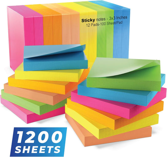 Sticky Notes 3x3 Inch, 6 Bright Color Sticky Pads, 100 Sheets Each, Super Sticky Notes with Strong Adhesive Office Supplies for Desk, School & Daily Planning