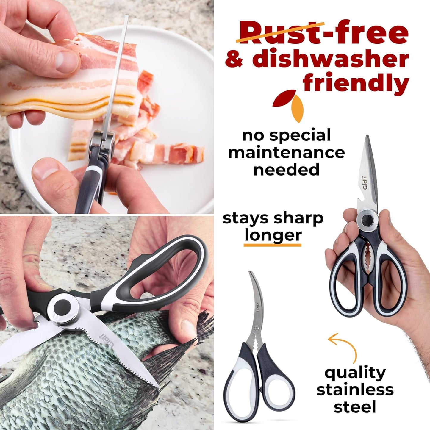 Kitchen Shears by Gidli - Includes Seafood Scissors As a Bonus - Heavy Duty Utility Stainless Steel All Purpose Ultra Sharp Scissors for Food/Cooking