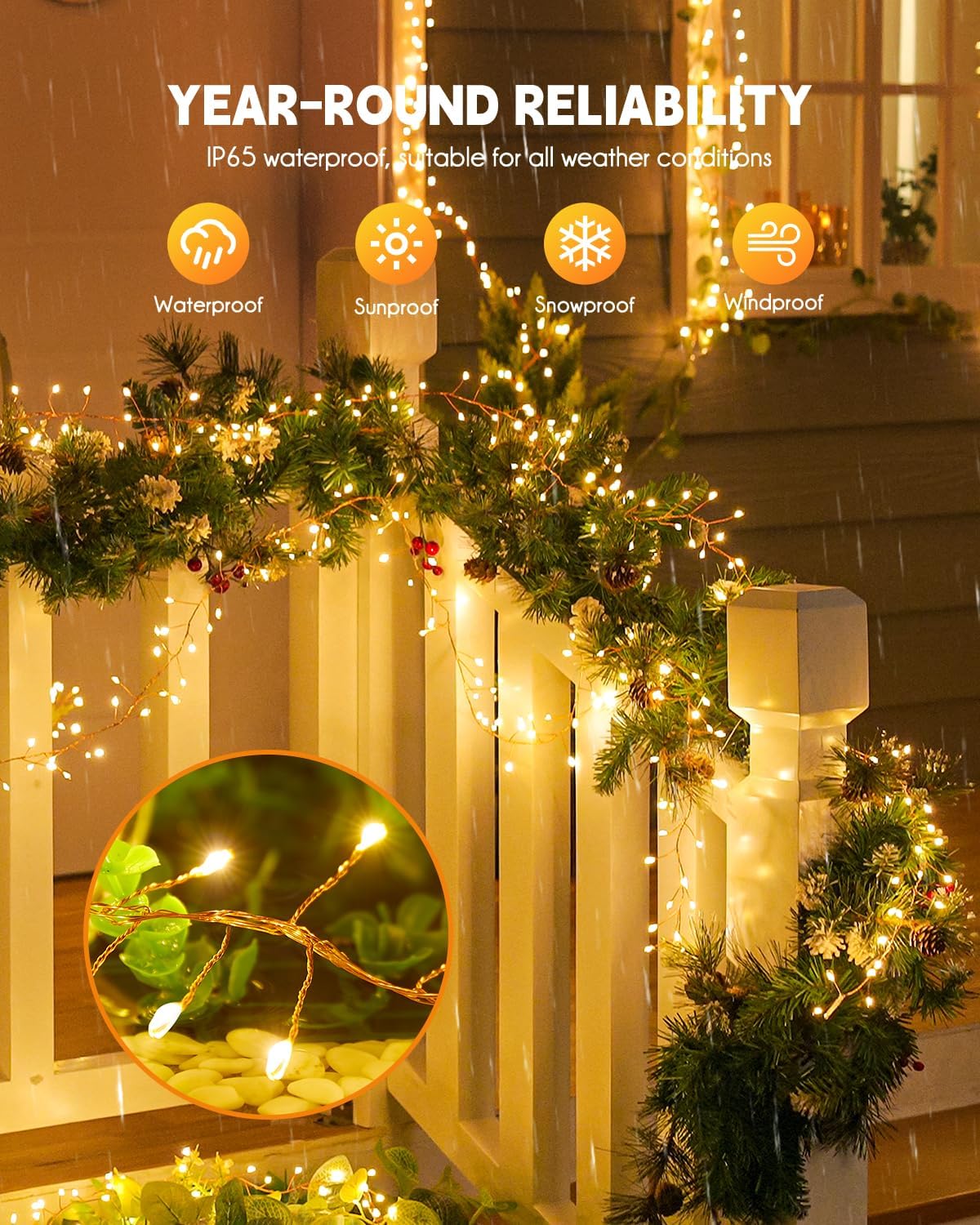 Brightown Outdoor Waterproof, 9.8Ft 120 LED String Lights, 8 Modes Firecracker Fairy Lights for Patio Balcony Wedding Christmas Decor (Warm White)