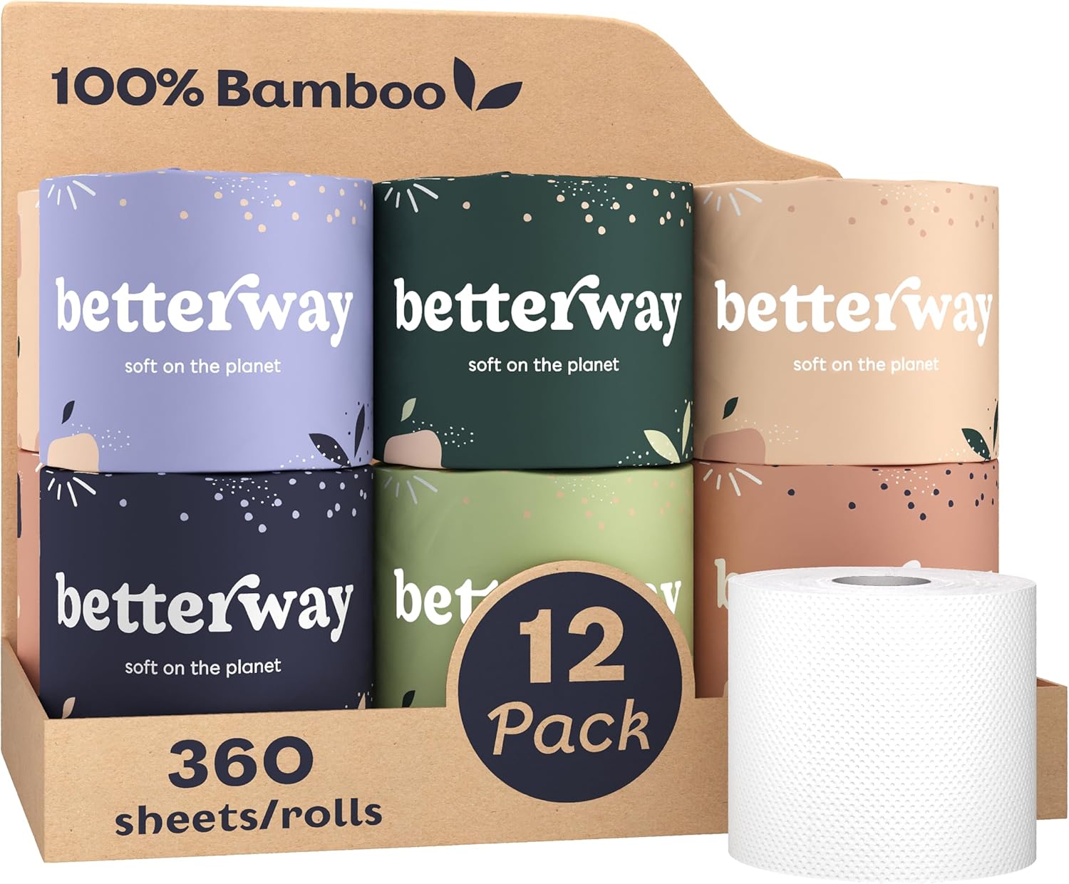 Betterway Bamboo Toilet Paper 3 Ply - Sustainable Toilet Tissue - 12 Double Rolls & 360 Sheets Per Roll - Septic Safe - Organic, Plastic Free - FSC Certified