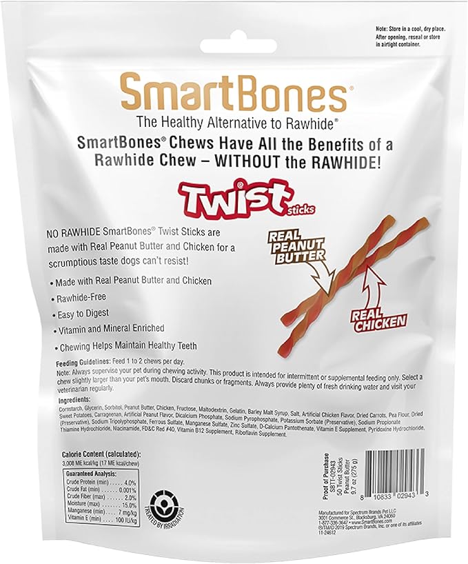 SmartBones Smart Twist Sticks With Peanut Butter 50 Count, Rawhide-Free Chews For Dogs