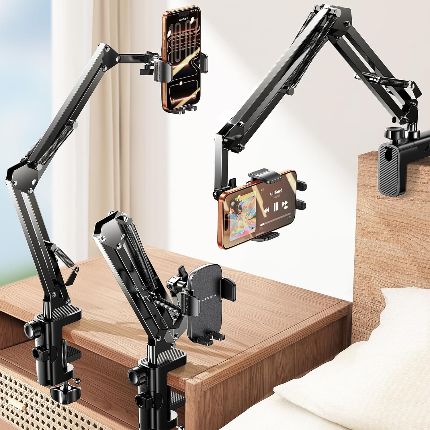 LISEN Gooseneck Phone Holder for Desk Bed 3rd Upgrade Cell Phone Stand for Desk Bed Accessories,Gifts for Seniors Elderly Tech Lovers Mount for Recording Filming Laying Down Flexible Arm Clamp Clip