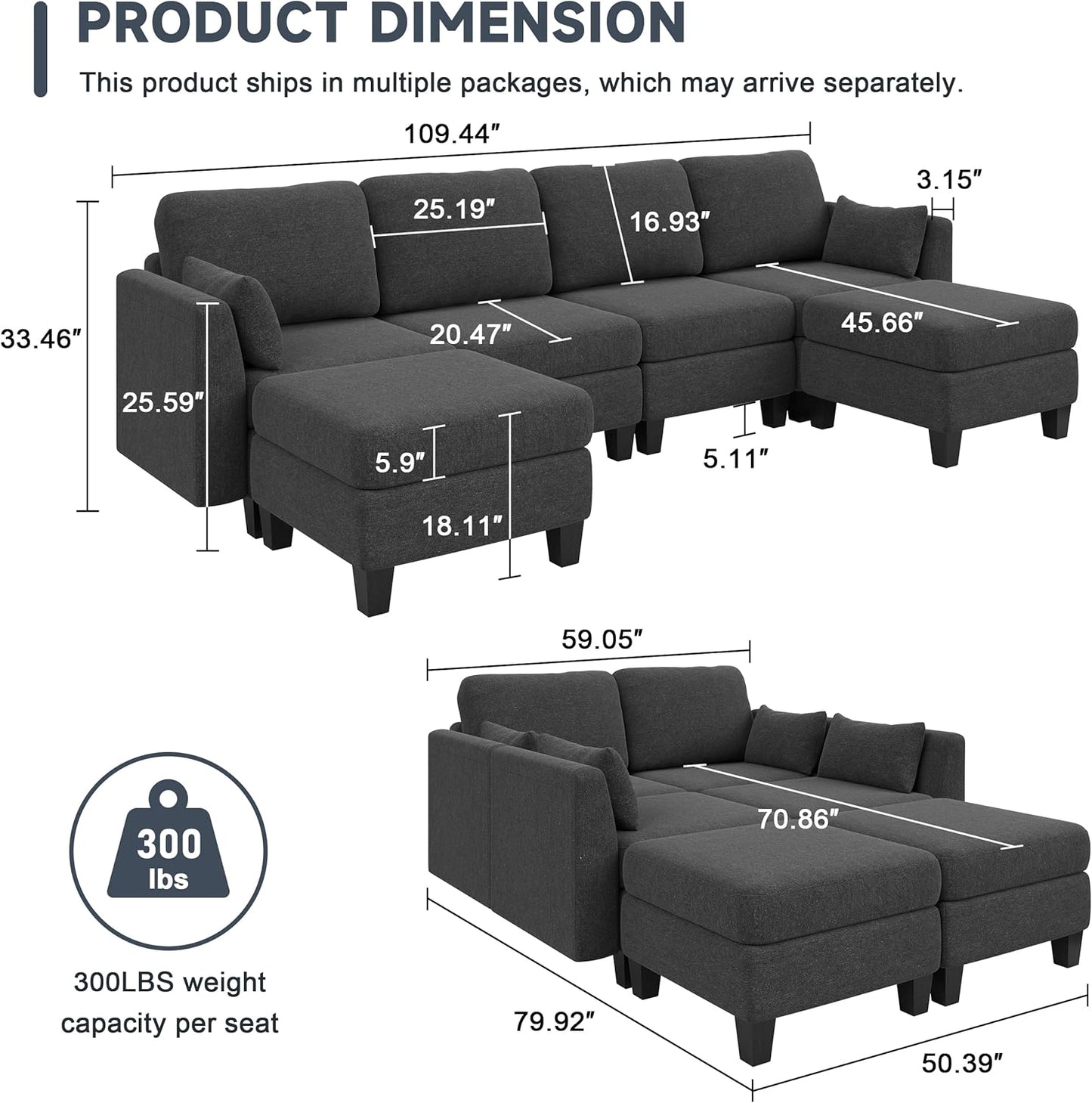 Modular Sectional Sofa, Convertible U Shaped Sofa Couch with High Density Memory Foam, 6 Seat Comfy Modular Sofa Couch for Living Room, Modern U Shaped Sectional Sofa, Dimgrey