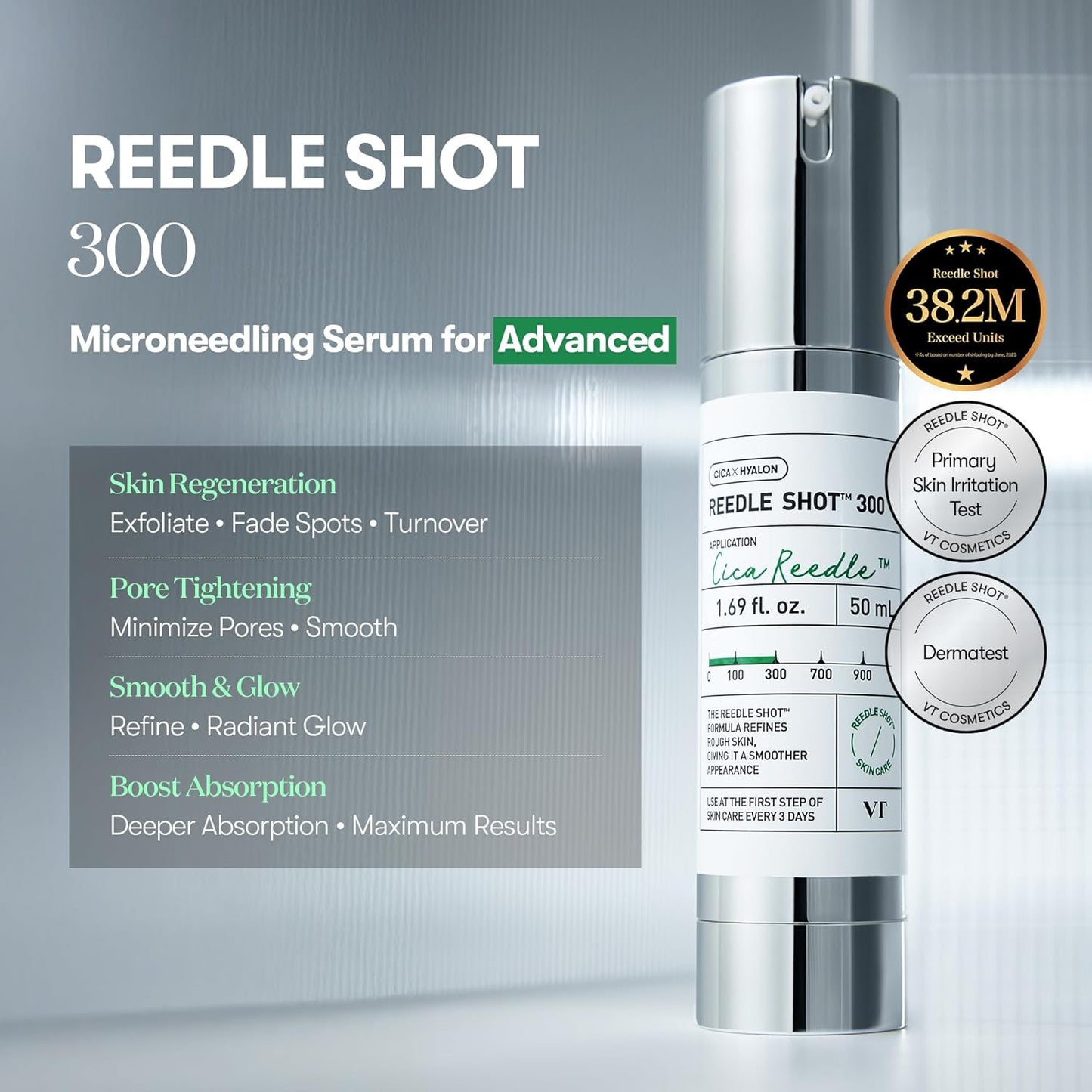 VT COSMETICS CICA Reedle Shot 300, Advanced Night Exosome, Microneedling Serum, Centella Asiatica, Hyaluronic Acid, Propolis, Soft Skin, Regeneration, Glass Skin, Korean Skin Booster 1.69Fl Oz (50ml)