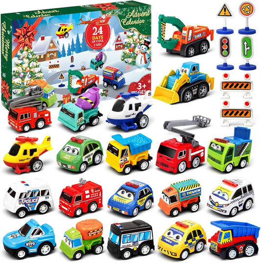 Advent Calendar 2025 Kids Boys, 24 Days Christmas Countdown with Pull-Back Cars Traffic Sign Sets, Christmas Advent Calendar Vehicles Holiday Gifts Kids Boys Girls Toddlers