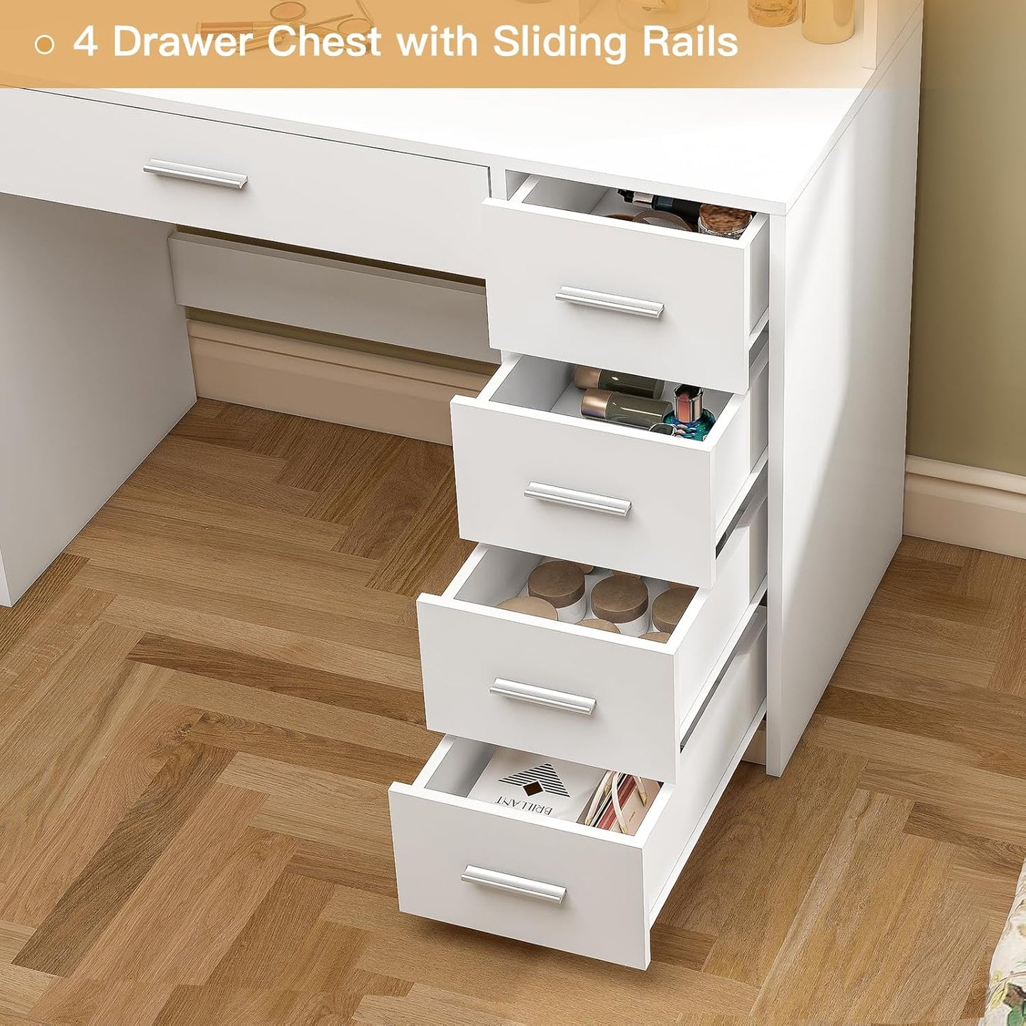 Quimoo Vanity Desk with Mirror & Lights, Makeup Vanity with 5 Drawers & Storage Shelves, White Vanity Table, 3 Color Modes & Adjustable Brightness, Dressing Table, Bedroom