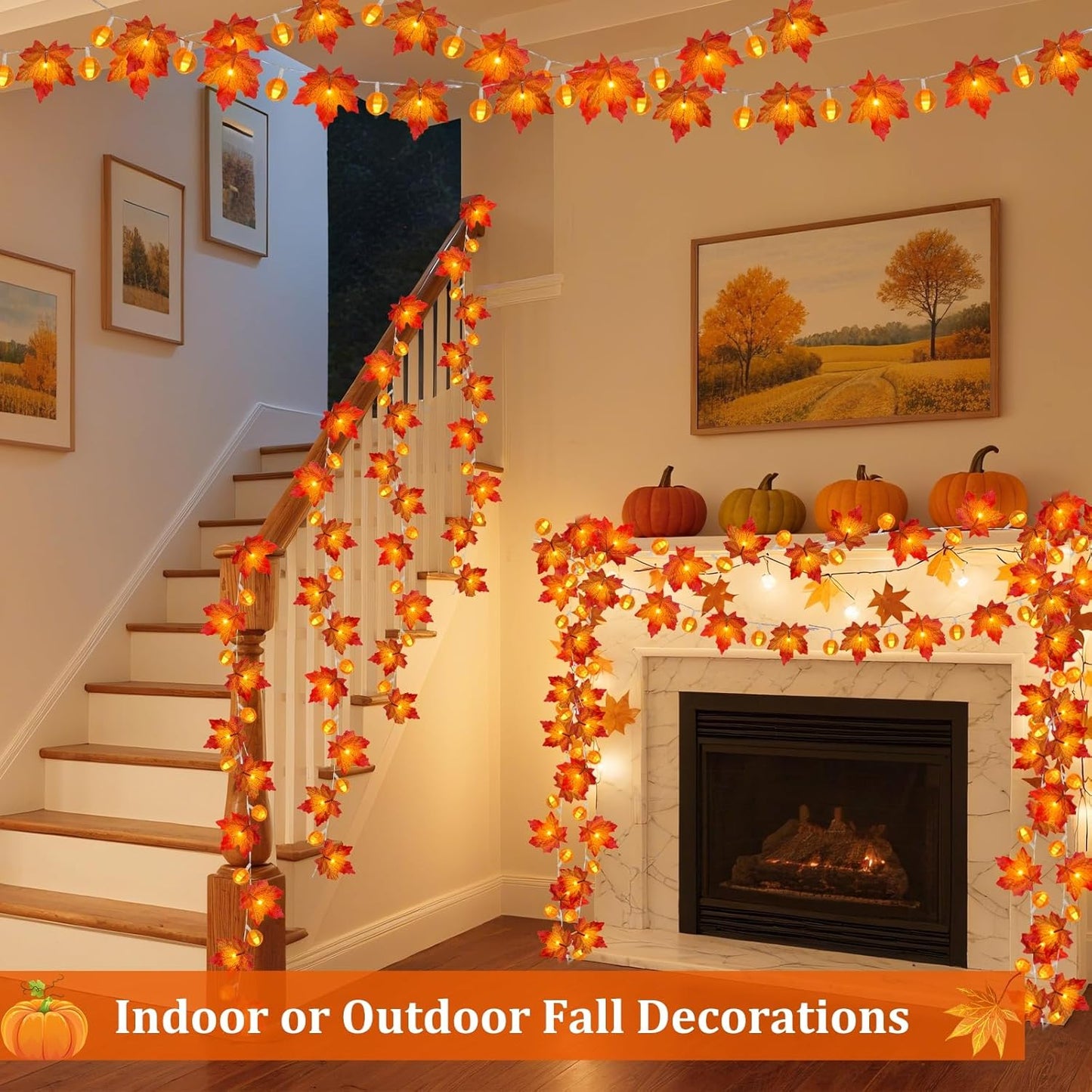 3 Pack Fall Garland with Pumpkin Lights & Enlarged Maple Fall Halloween String Lights Pumpkin Decor, 30Ft 60LED Waterproof Battery Operated Fall Decorations for Home Thanksgiving Decor Indoor Outdoor