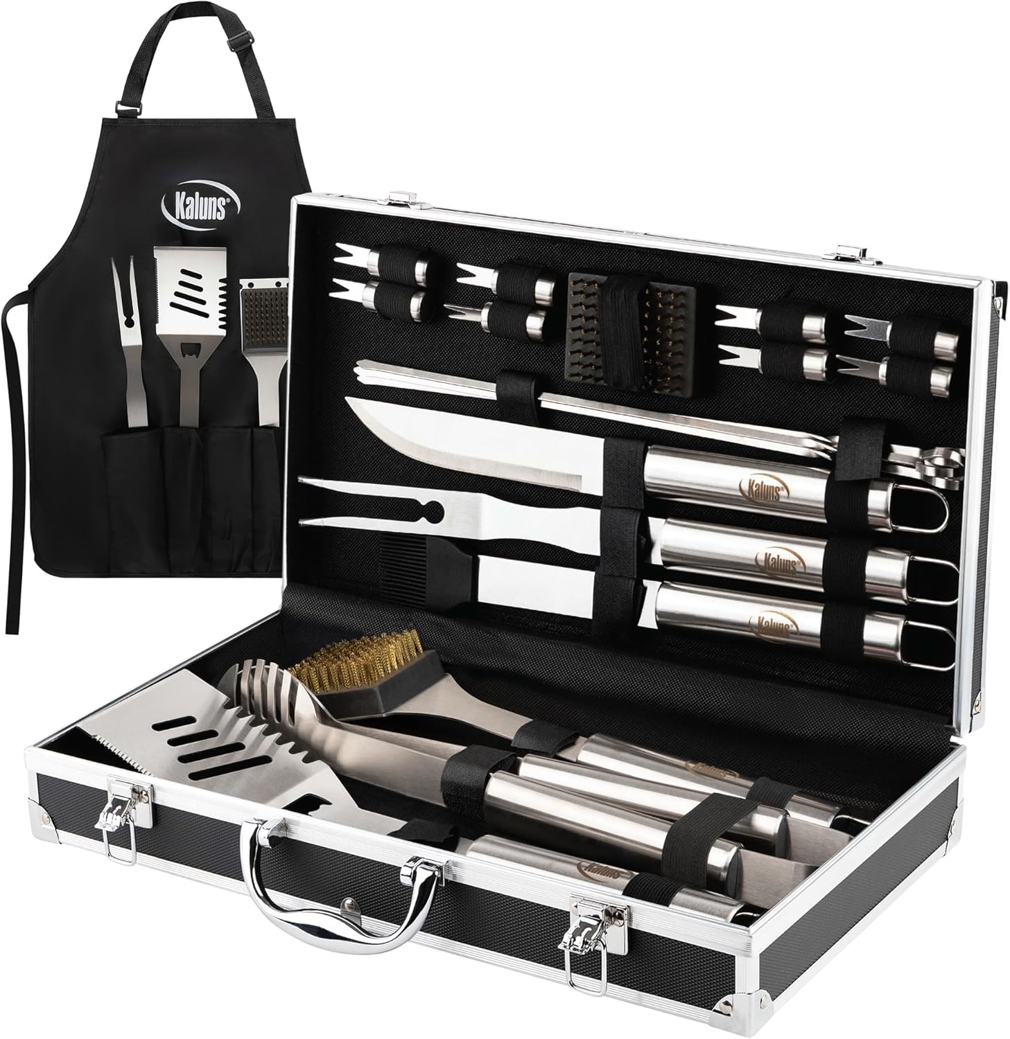 Kaluns Grilling Accessories, Gifts for Men Christmas Grilling Gifts for Dad, Heavy Duty Stainless Steel BBQ Grill Tools Set for Outdoor Grill with Aluminum Case and Apron, Birthday Gifts for Men Dad