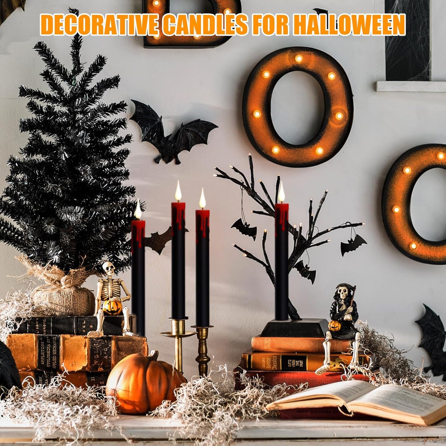 GenSwin Halloween Black Taper Flameless Candles Battery Operated with Remote Timer, 4 Pcs Drip Wax Flameless LED Candle Sticks with 3D Flickering Flame for Window Fireplace Decor (0.78 x 8.9 inches)