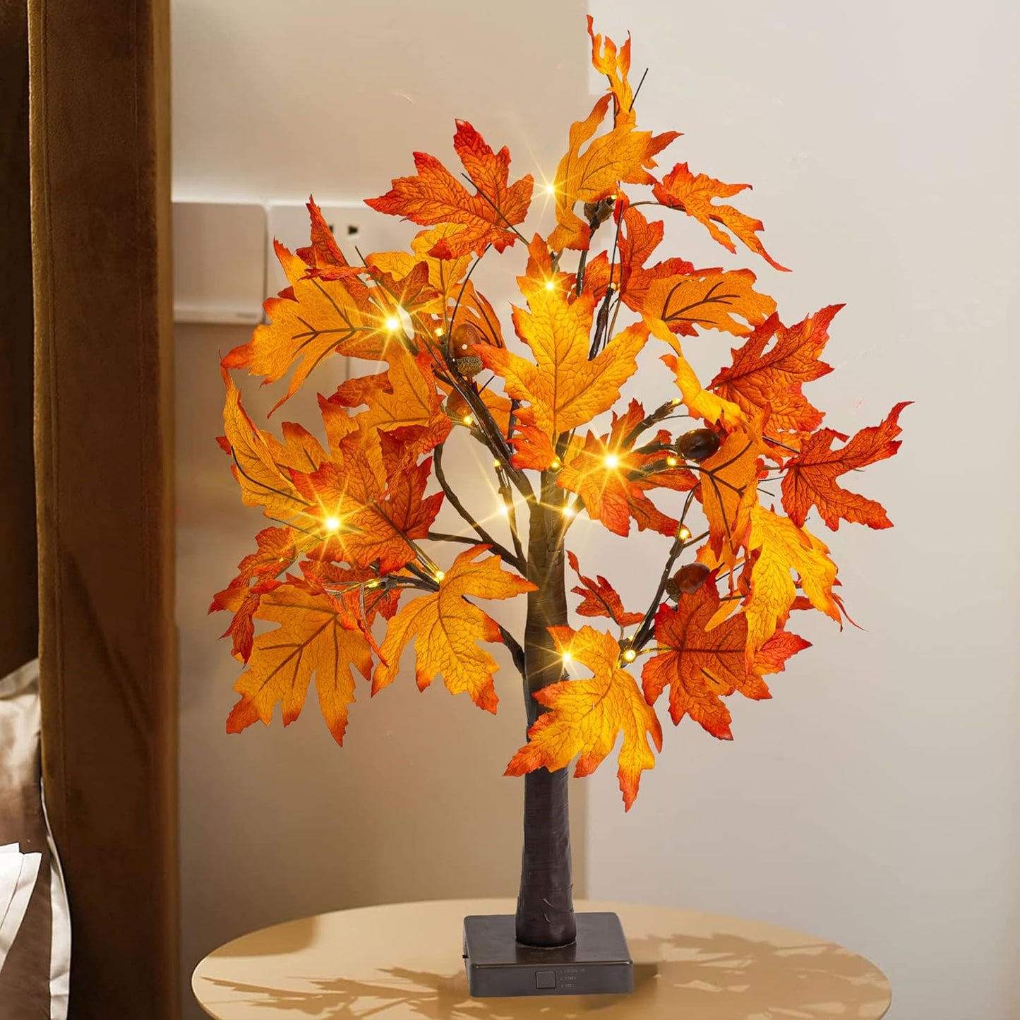 Dazzle Bright 2 Pack 24 Inch Lighted Thanksgiving Fall Maple Tree Decor, 24 LED Battery Operated Decorations Artificial Tree with Timer for Indoor Home Room Holiday Xmas Party