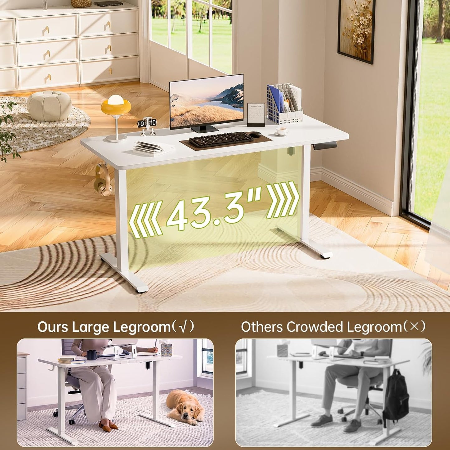 Veken 55 Inch Large Electric Standing Desk,Sit to Stand Up, Heights Adjustable, Work Home Office Computer Table for Study, Walking Pad, Writing, and Games, Wooden Desktop Desks, White