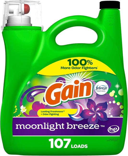 Gain + Aroma Boost Liquid Laundry Detergent, Moonlight Breeze Scent, 107 Loads, 154 Fl Oz, HE Compatible with Febreze and Oxi (125)