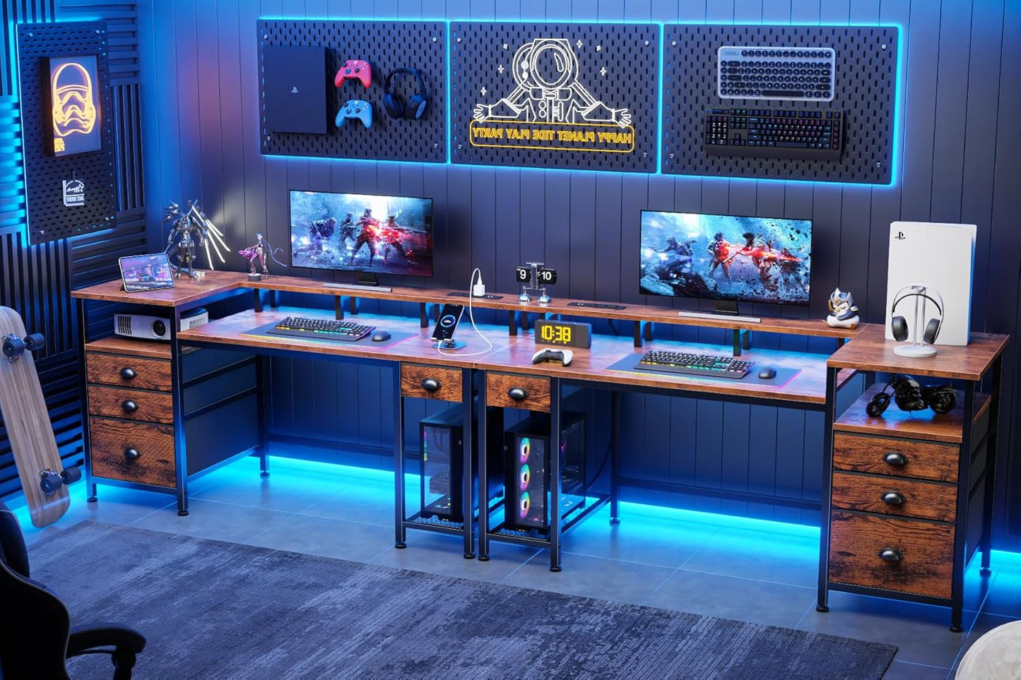 Furologee 60" Computer Desk with 4 Drawers and Printer Space, Gaming Desk with LED Lights and USB Power Outlets, Office Desk with Fabric File Cabinet, Work Table with Shelf for Bedroom, Rustic Brown