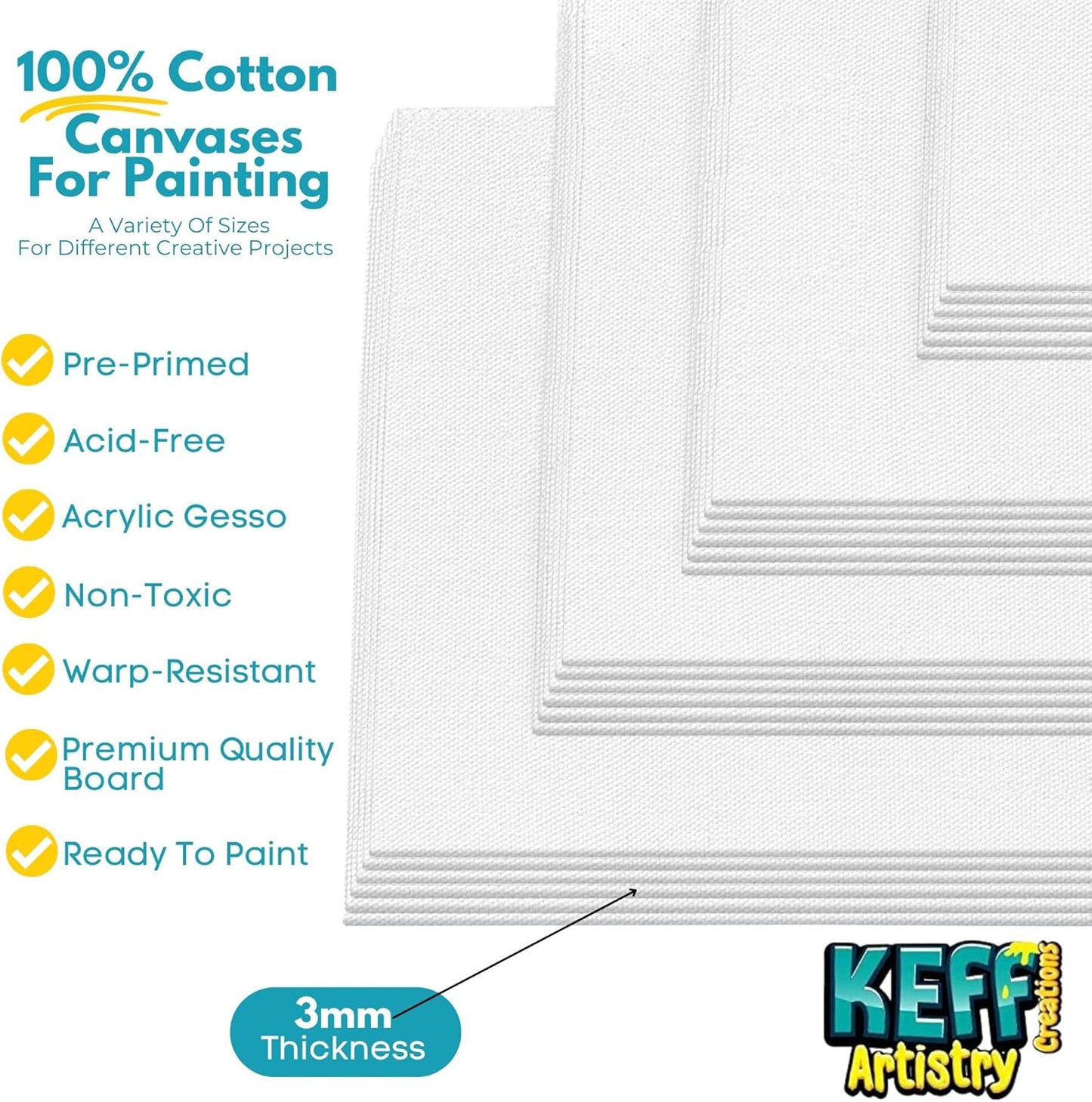 KEFF 24-Pack Canvas for Painting, 6 of 5x7, 8x10, 9x12,11x14 Painting Canvas Boards, Art Supplies for Adults & Kids - 100% Cotton Primed Canvases for Painting Acrylic, Oil, Watercolor, Tempera