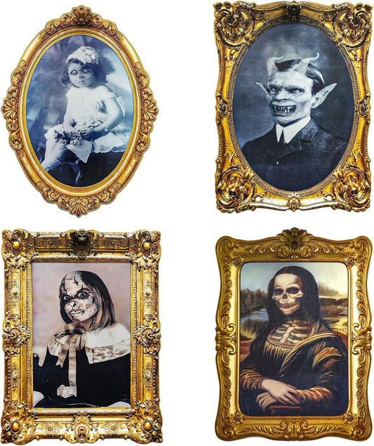 ECGER Halloween Decorations Indoor, Haunted Scary Decor - 3D Changing Face Pictures, Vintage Moving Wall Portraits Frame, For Horror Spooky Party Mansion Castle House Home Decoration(4 Pieces)
