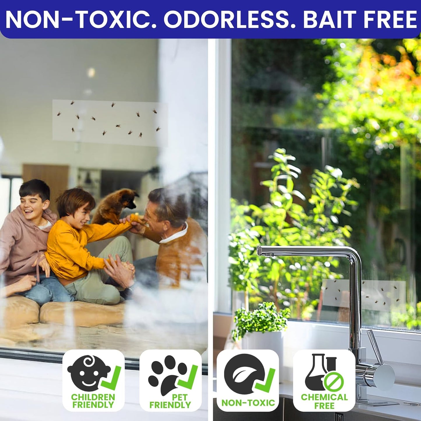 50 Window Fly Traps Sticky Non-Toxic Clear Fly Paper Indoor for Home. No Mess Flies Window Sticky Traps Bug Flies Strips Indoors. Fruit and Housefly Trap Indoor Flypaper Tape Gnat Catcher Killer