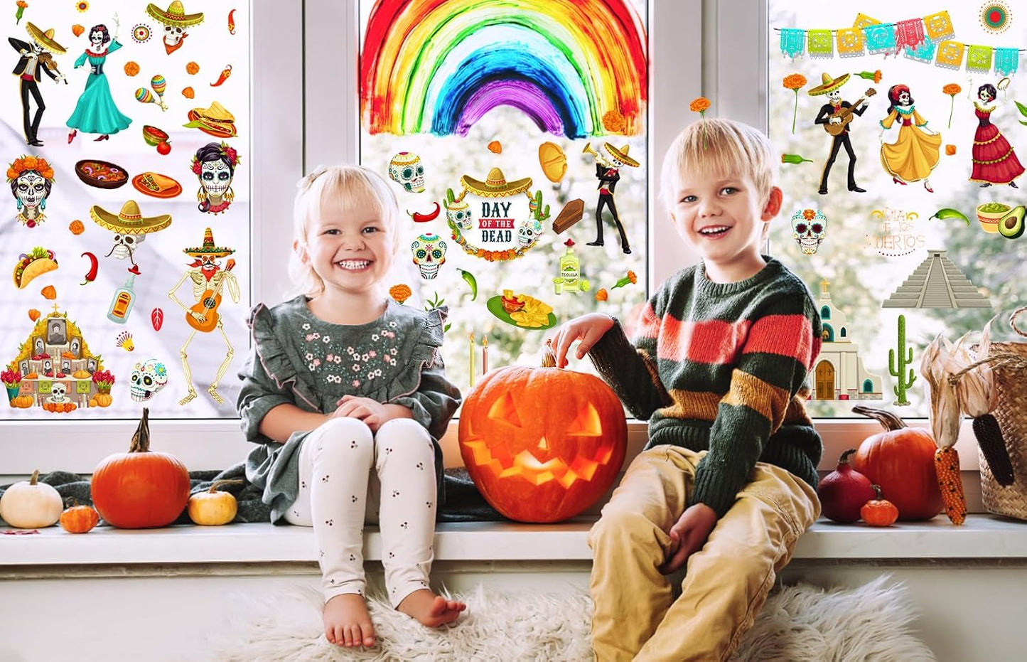 9 Sheets Halloween Window Clings, Sugar Skull Flower Double-Sided Window Stickers Reusable Static Day of The Dead Guitar Grave Window Decals for Mexican Dia De Los Muertos Decorations Party Supplies