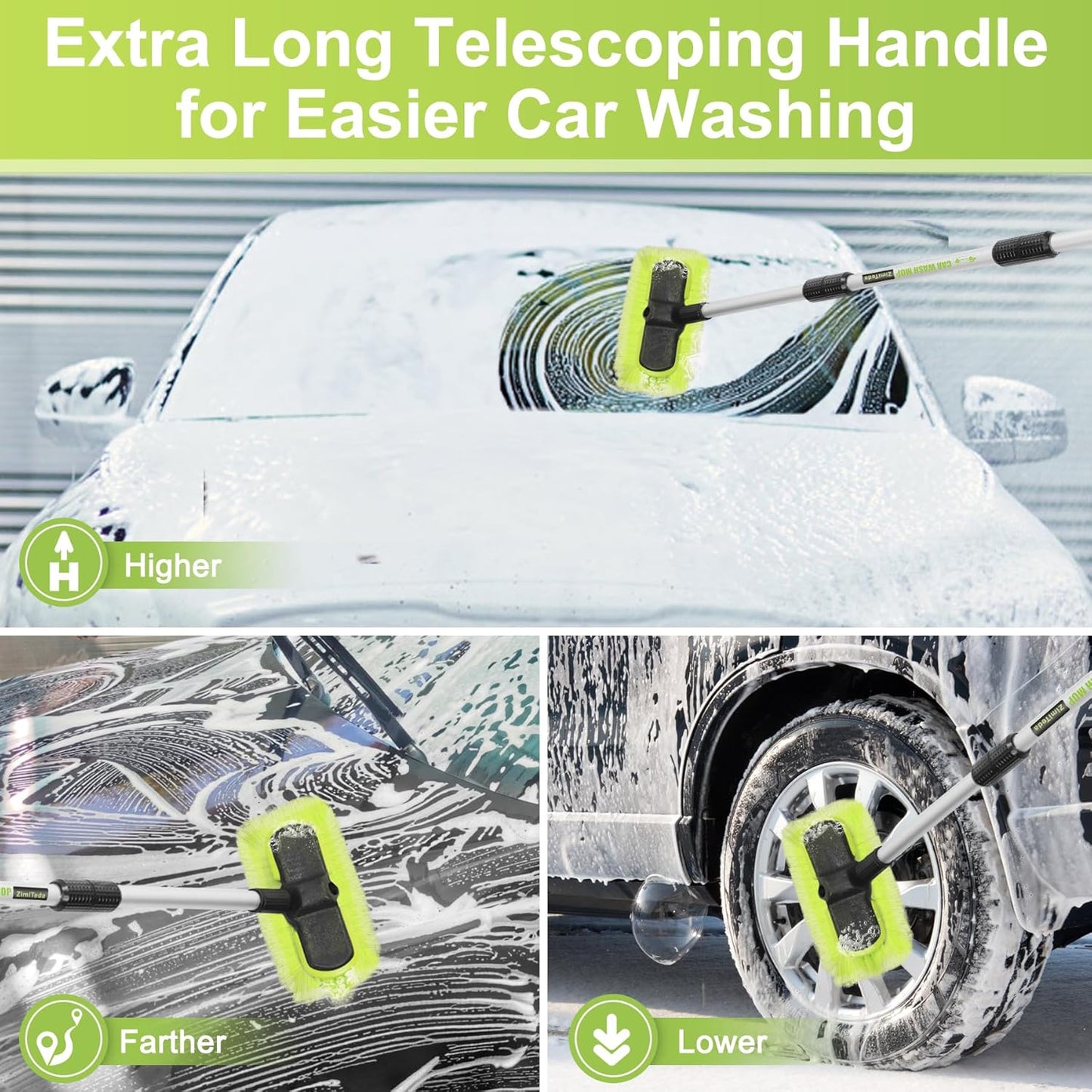 65”165cm Car Wash Brush Long Handle Soft Bristle Scrub Cleaning Mop with 4 Hand-held Places Extendable Washing Brushes Broom Kit for RV Boat Truck SUV Caravan Solar Panel House Siding,Sweep Snow