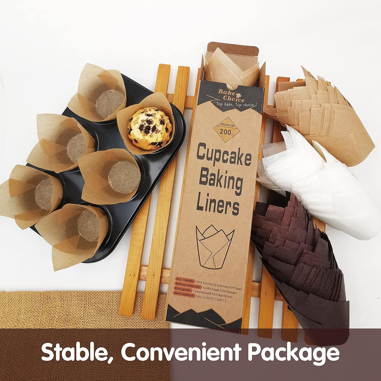 200pcs Natural Tulip Cupcake Liners for Baking Cups Unbleached European Parchment paper Tulip Muffin Liners, Cupcake Wrapper for Party, Christmas