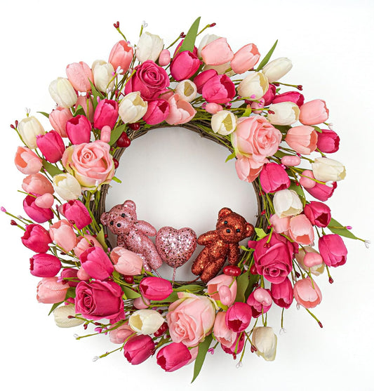 J'FLORU Valentines Day Decorations Romantic Valentines Day Gifts 22 Inch Valentine's Day Wreath with Lovely Bear Heart Roses Tulips for Valentine Party Anniversary Candlelight Dinner