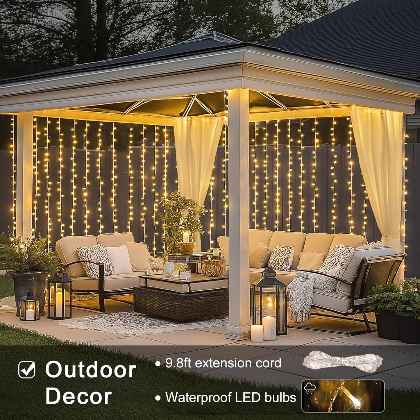 JMEXSUSS 300 LED Remote Control Christmas Curtain Lights, Plug in Fairy Curtain Lights Outdoor, Window Wall Hanging String Lights for Bedroom Backdrop Wedding Party Indoor Patio Xmas Decor, Warm White