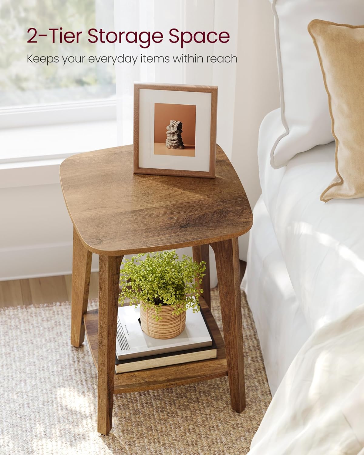 VASAGLE MAEZO Collection - Side Table, 2-Tier Small Square End Table, Nightstand with Tapered Legs, Curved Transitions, for Small Spaces, Living Room, Bedroom, Honey Brown ULET236K01