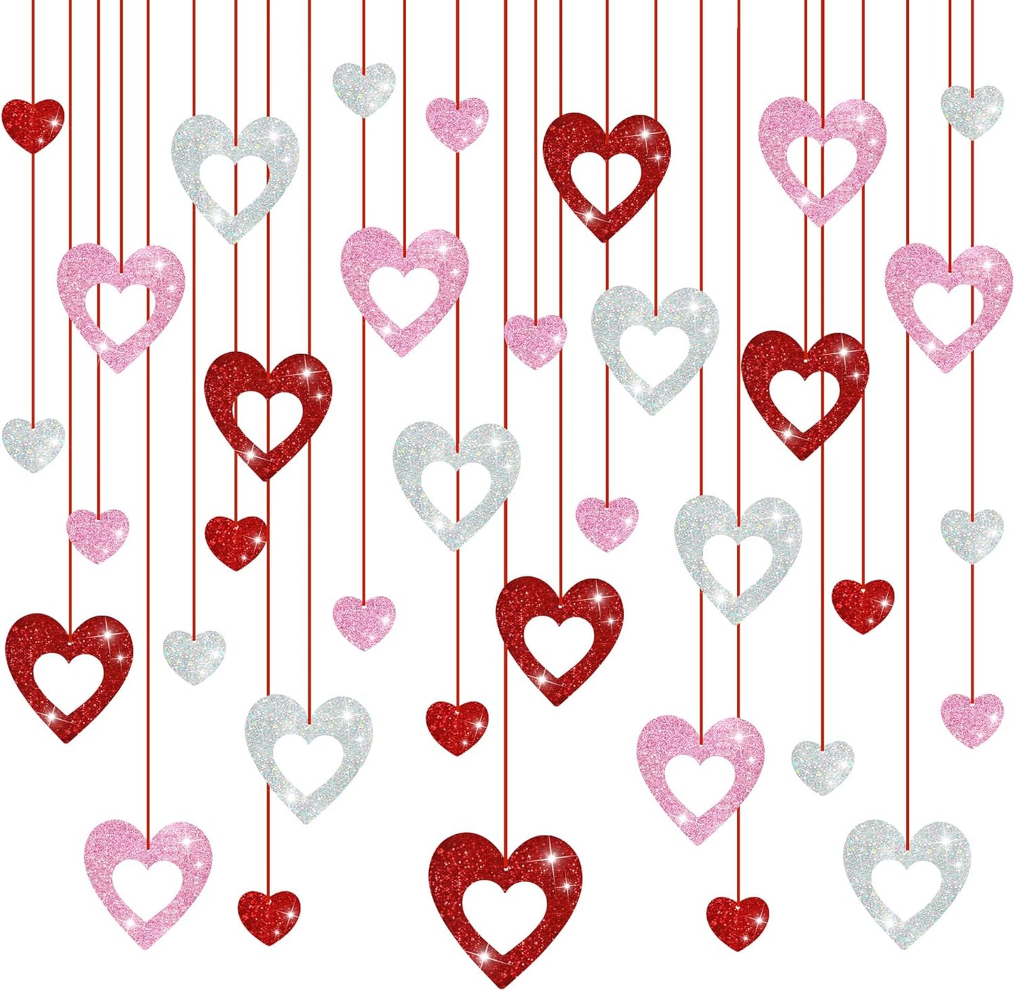 36 Pcs Valentine's Day Decorations Glitter Heart Hanging Swirls - No DIY Red Pink Silver Heart Hanging Decorations Party Decoration Swirls Ornaments for Valentines Day Party Supplies Decorations