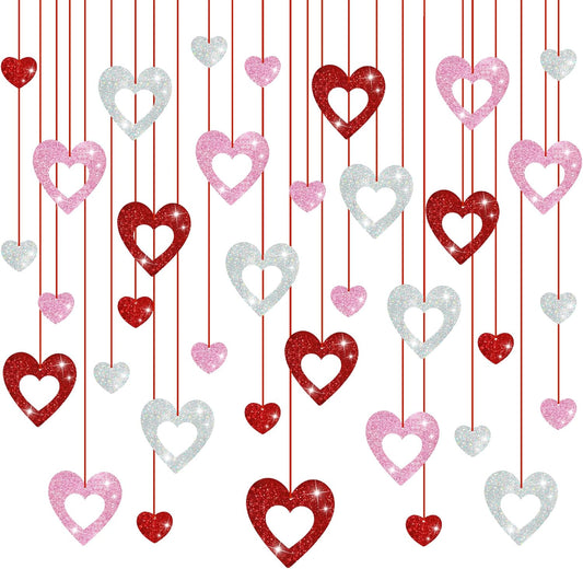 36 Pcs Valentine's Day Decorations Glitter Heart Hanging Swirls - No DIY Red Pink Silver Heart Hanging Decorations Party Decoration Swirls Ornaments for Valentines Day Party Supplies Decorations