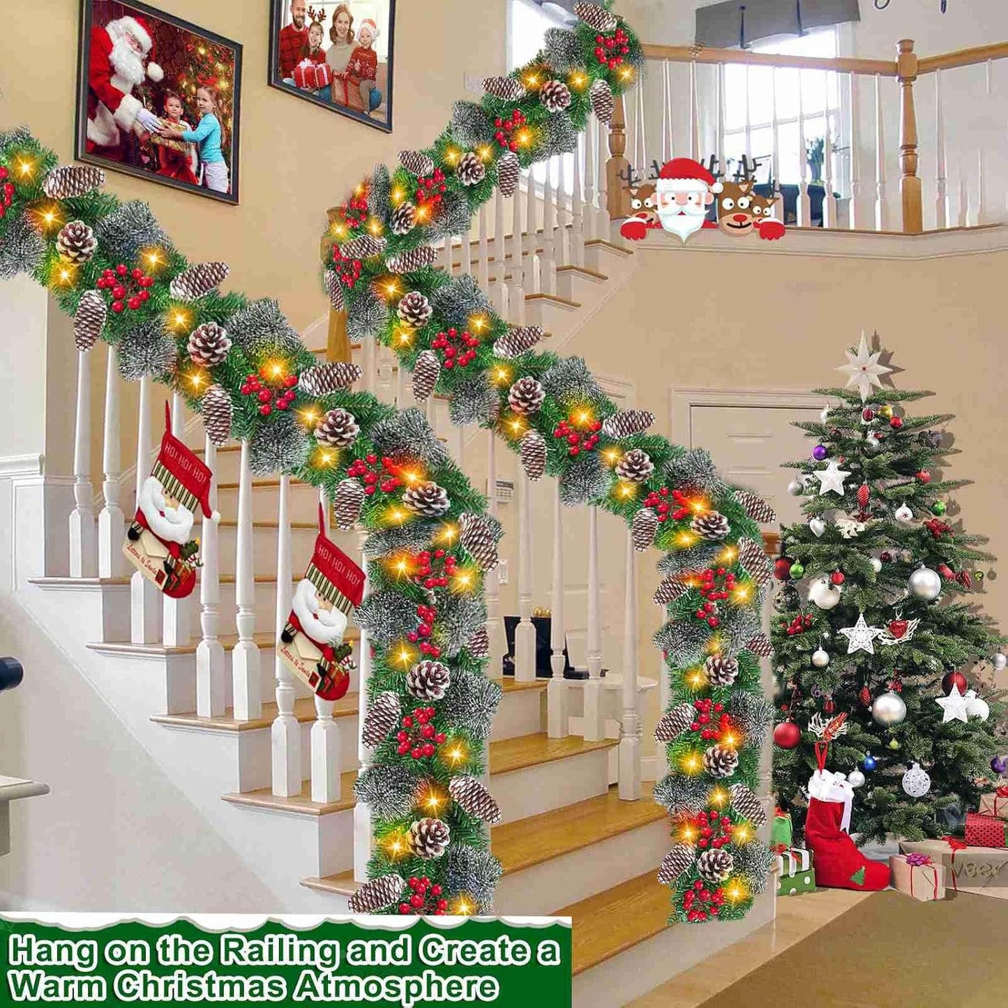 Auto Timer & 8 Modes 9Ft by 10 Inch 50 LED Prelit Christmas Garland Decorations Warm Lights Thick 270 Lifelike Snowy Tips 70 Red Berries 10 Pinecones Xmas Garland Fireplace Door Stairs Home Outdoor