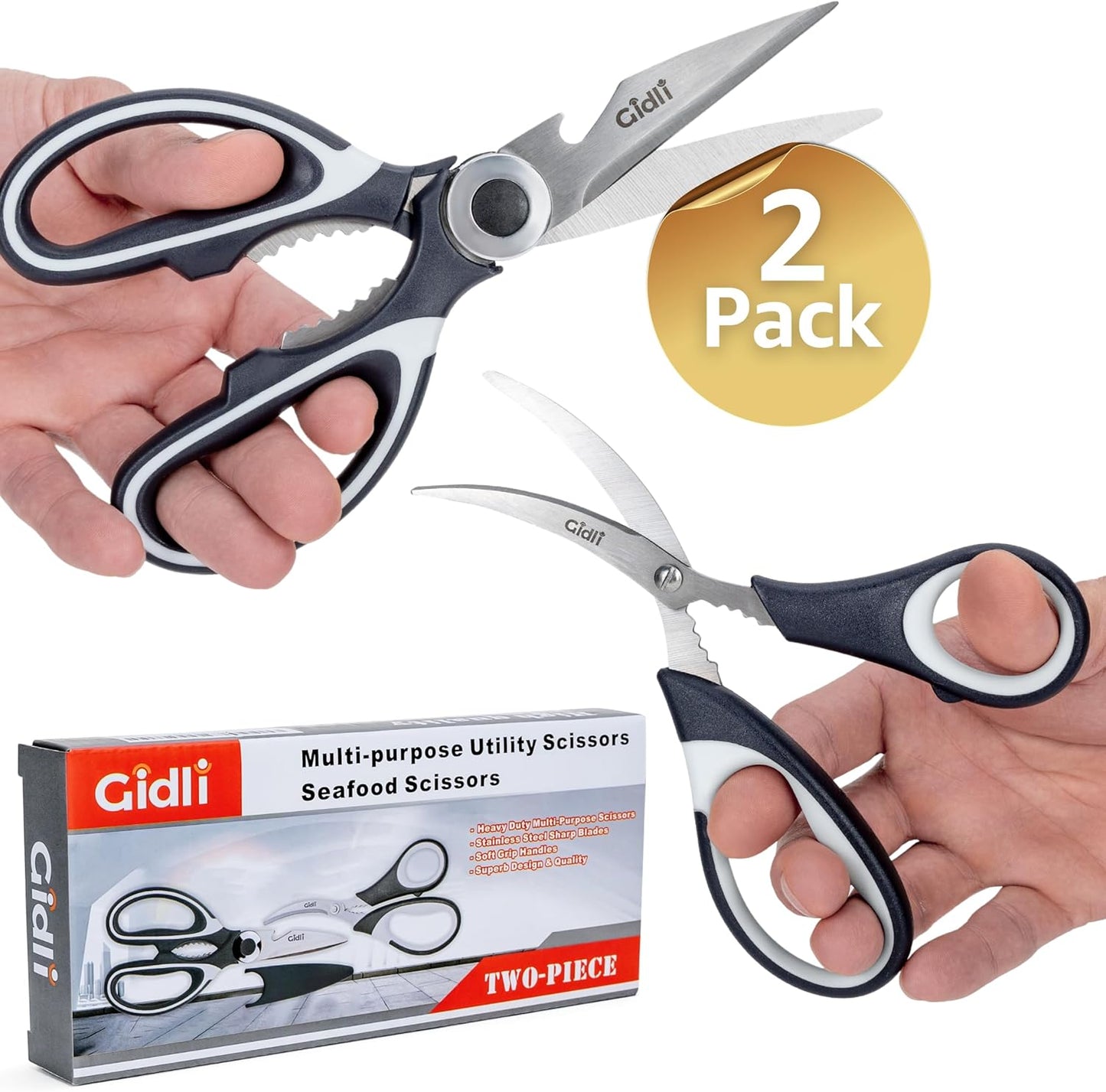 Kitchen Shears by Gidli - Includes Seafood Scissors As a Bonus - Heavy Duty Utility Stainless Steel All Purpose Ultra Sharp Scissors for Food/Cooking