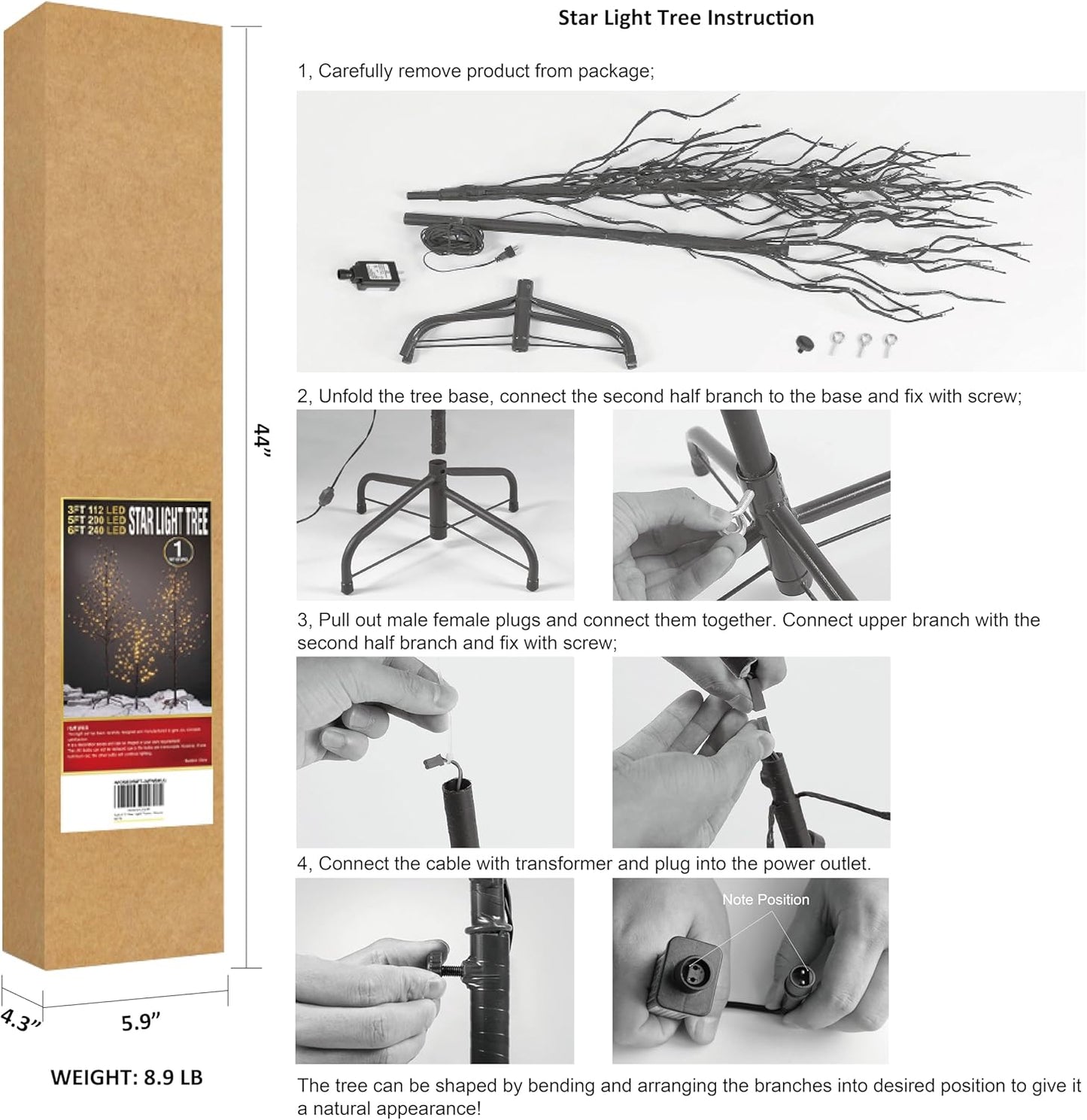 Lightshare Set of 3 Star Light Trees Christmas Decorations, Including 3 feet, 5 feet, and 6 feet, Warm White Christmas Tree, Brown Branch