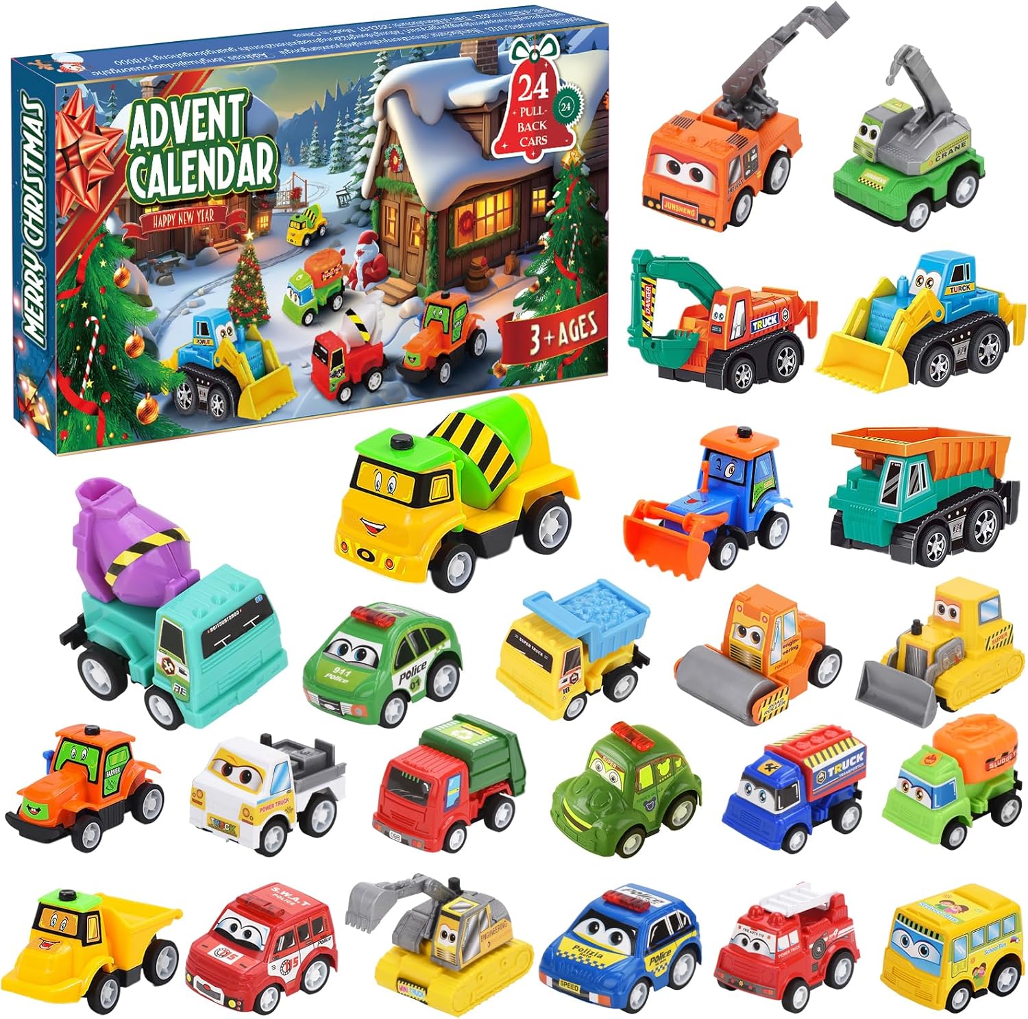 Advent Calendar 2025 for Kids Boys, 24 Days Christmas Countdown Calendar with Pull-Back Cars Vehicles, Holiday Gifts Christmas Advent Calendars Cars Set for Kids Toddlers Boys