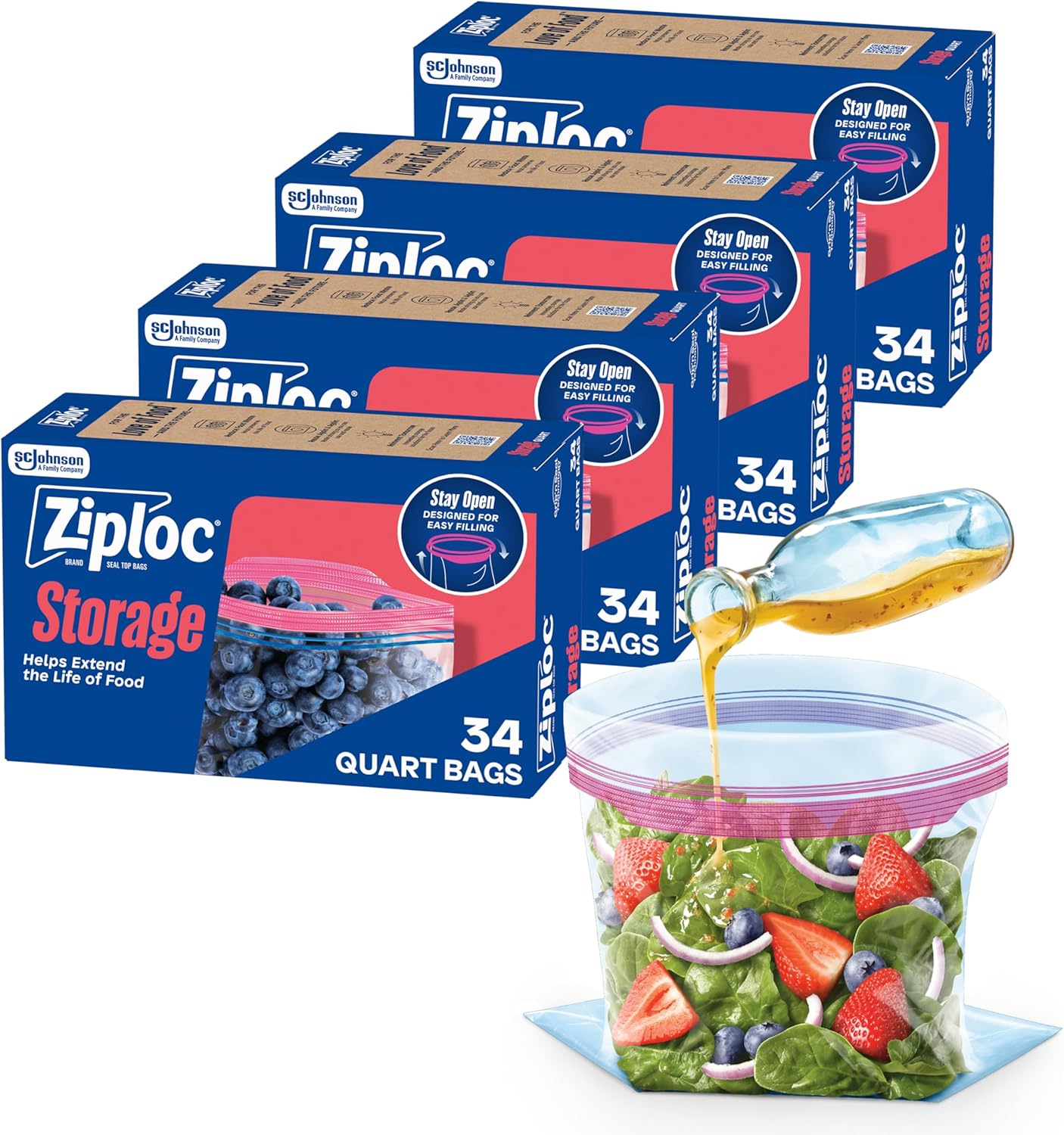 Ziploc Quart Food Storage Bags, Stay Open Design with Stand-Up Bottom, Easy to Fill, 136 Count
