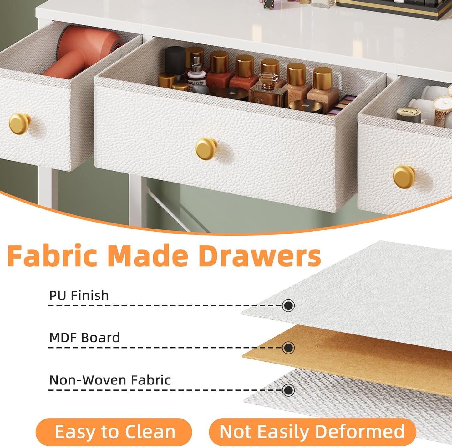Small Makeup Vanity Desk 27.5''W with Mirror and Lights, Vanity Desk with 3 Fabric Drawers and Height-Adjustable Stand, Vanity Table for Girls Gifts, Bedroom and Small Spaces, White