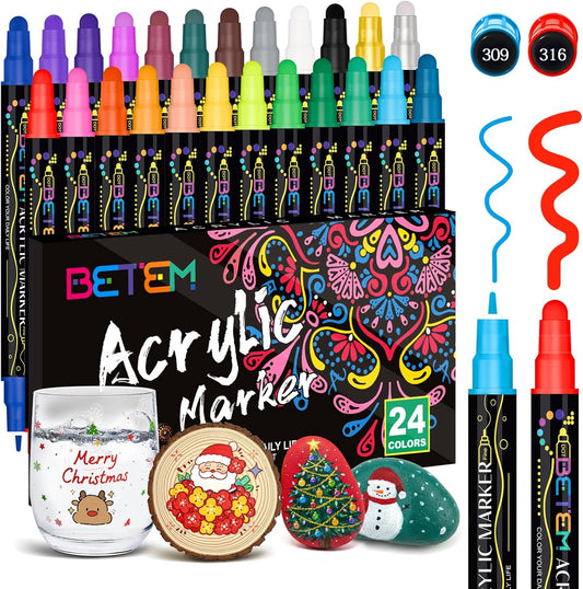 Betem 24 Colors Dual Tip Acrylic Paint Pens Markers, Premium Acrylic Paint Markers Stocking Stuffers for Rock, Wood, Fabric, Glass, Canvas, Ceramic, Christmas Gifts for Teens DIY Crafts Art Supplies