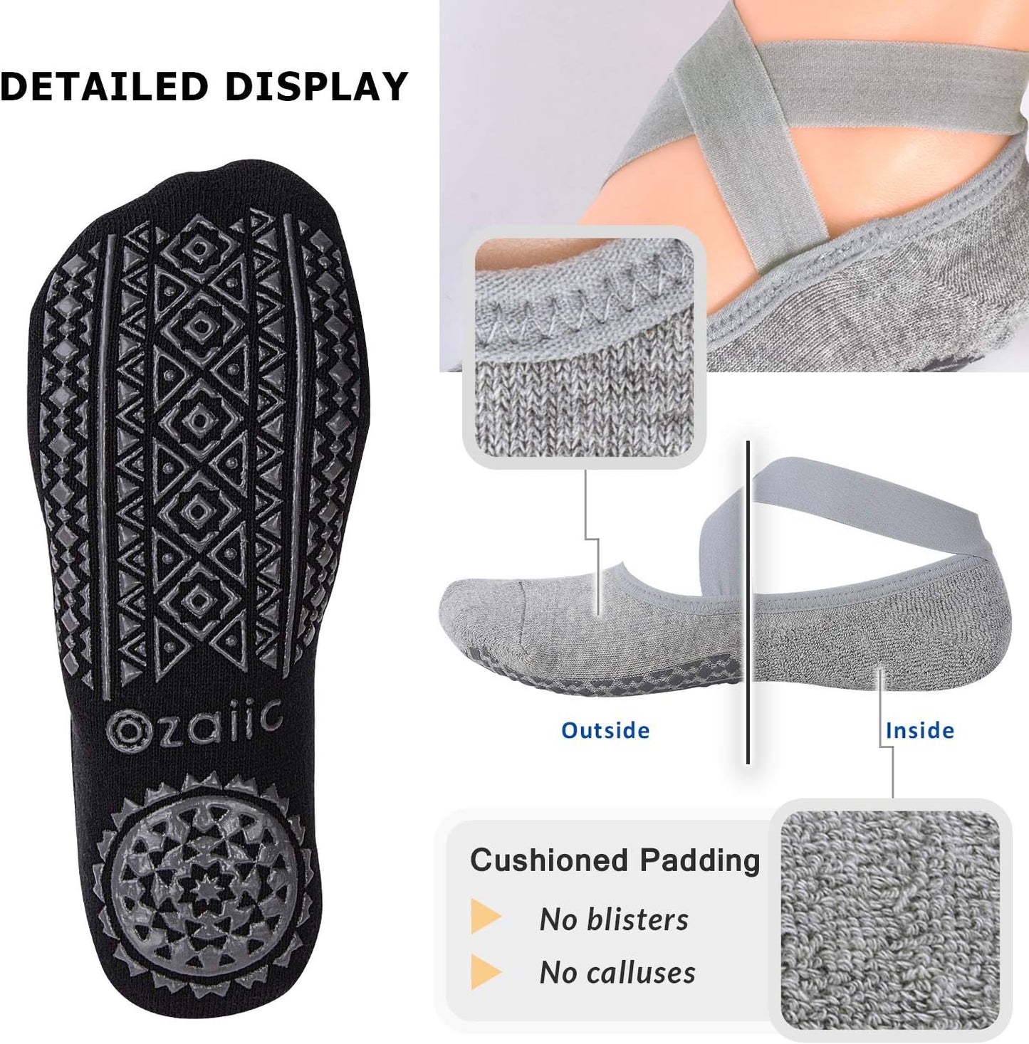 Ozaiic Yoga Socks for Women Non-Slip Grips & Straps, Ideal for Pilates, Pure Barre, Ballet, Dance, Barefoot Workout