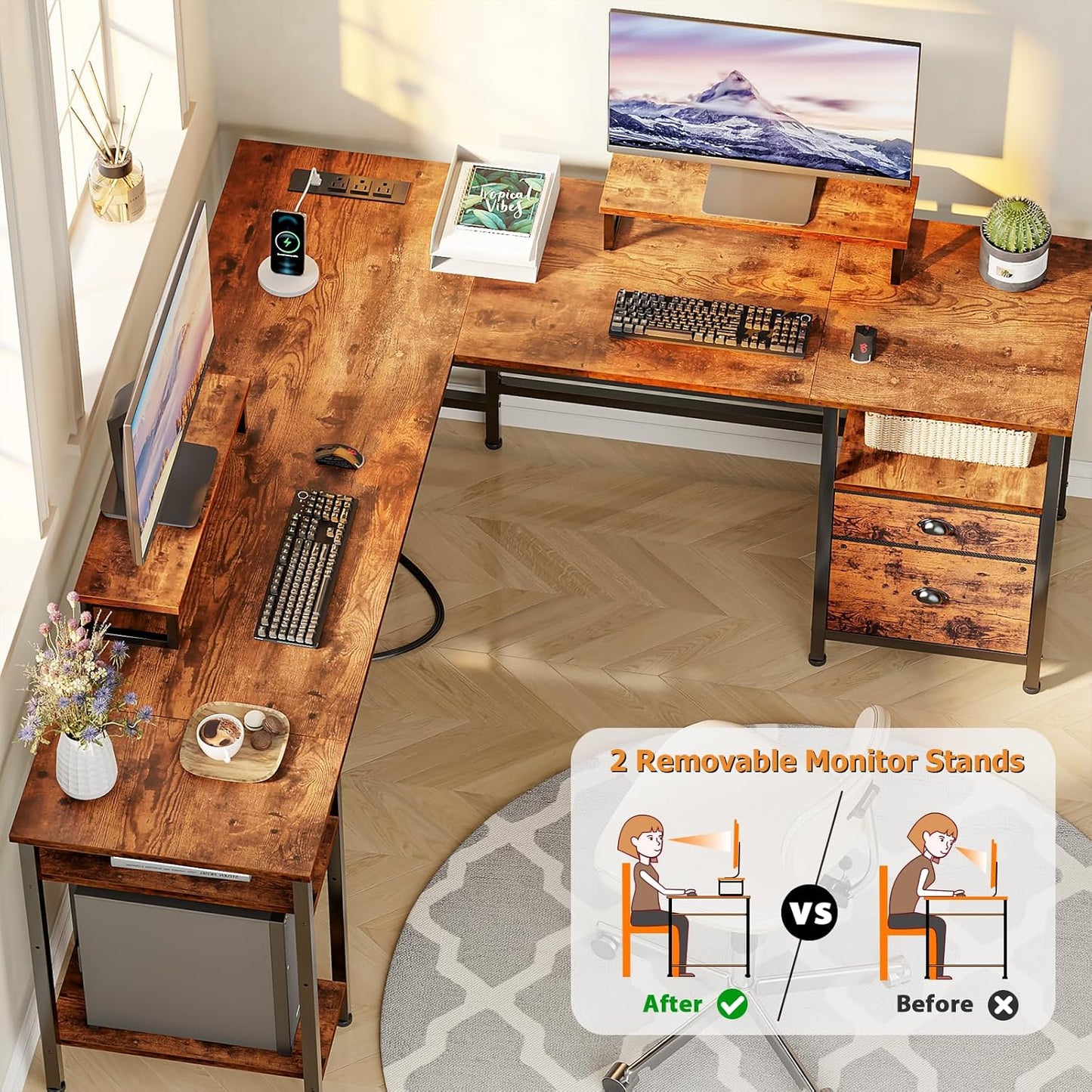Furologee 66” L Shaped Desk with Power Outlet, Reversible Computer Gaming Desk with File Drawer & 2 Monitor Stands for Home Office with Storage Shelves, Rustic Brown