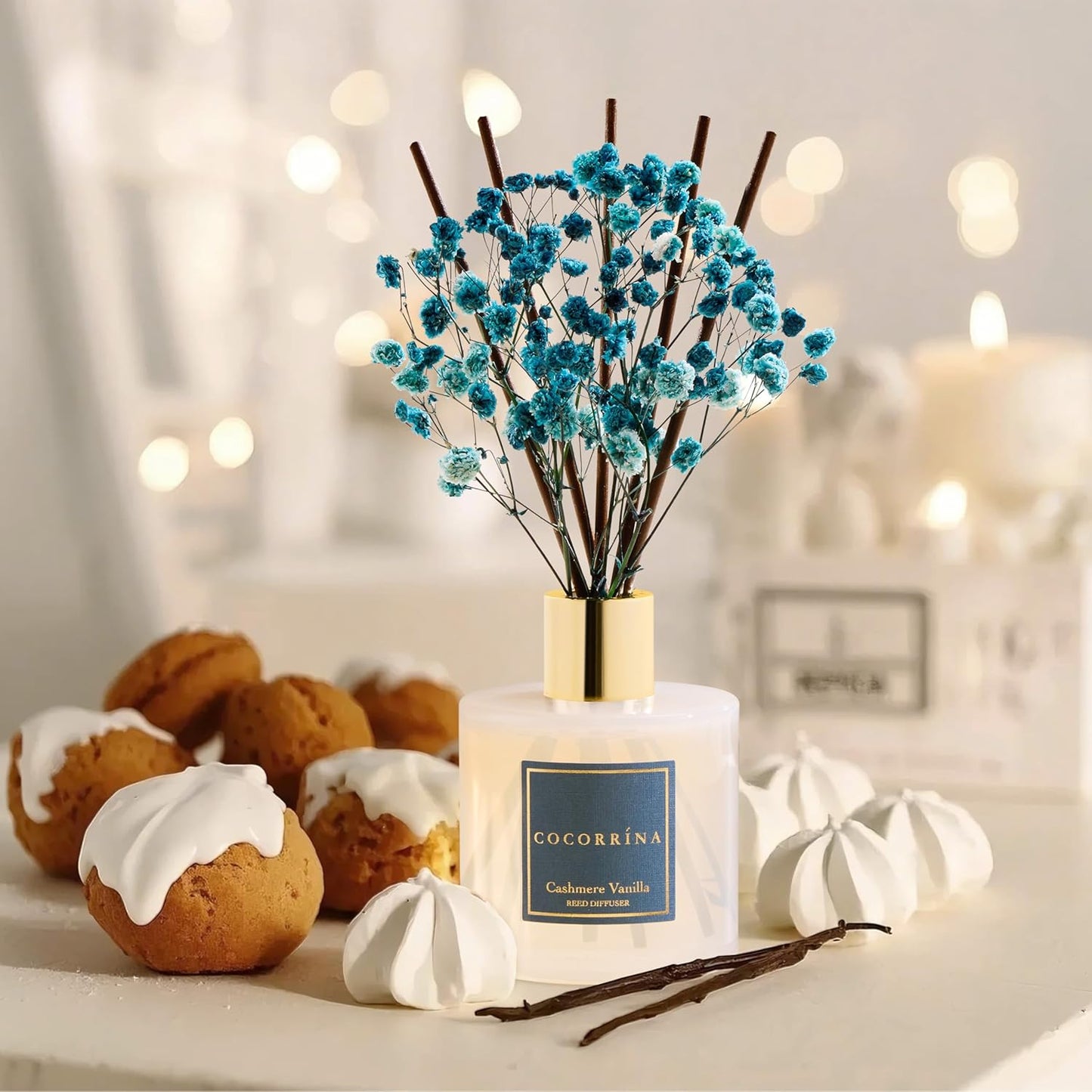 Cocorrína Premium Reed Diffuser Set with Preserved Baby's Breath & Cotton Stick Cashmere Vanilla | 6.7 fl oz Scent Fragrance Oil Diffuser for Bedroom Bathroom Home Décor