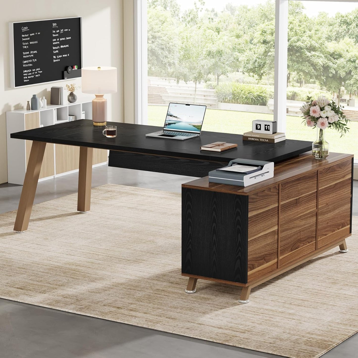 Tribesigns 78.7-Inch Executive Desk, L-Shaped Desk with 55-Inch Cabinet, Large Office Desk with Storage Shelves, Modern Computer Desk for Home Office, Black & Walnut
