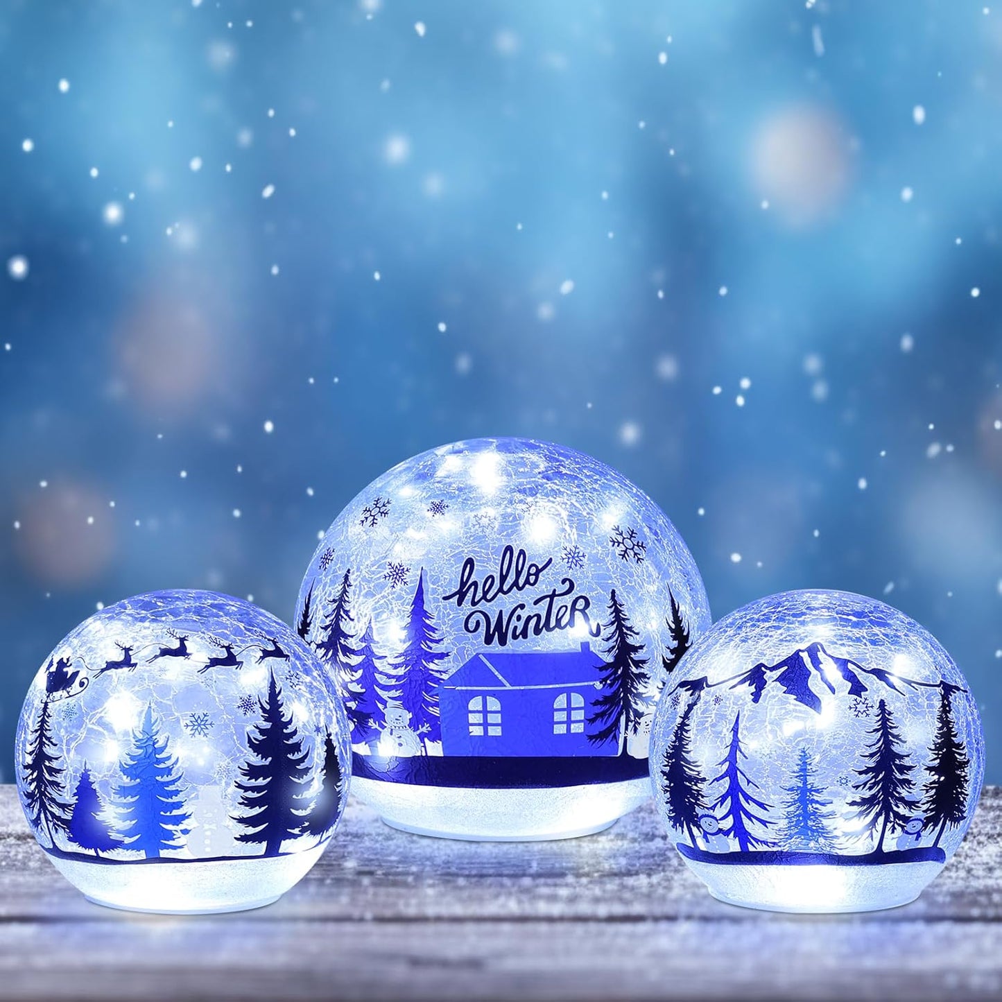 YEAHOME Christmas Decorations Indoor, Set of 3 Crackle Glass Ball with LED Lights Christmas Tree Snowman, Christmas Table Decorations Hello Winter Globes with Timer for Home Mantel Fireplace Decor