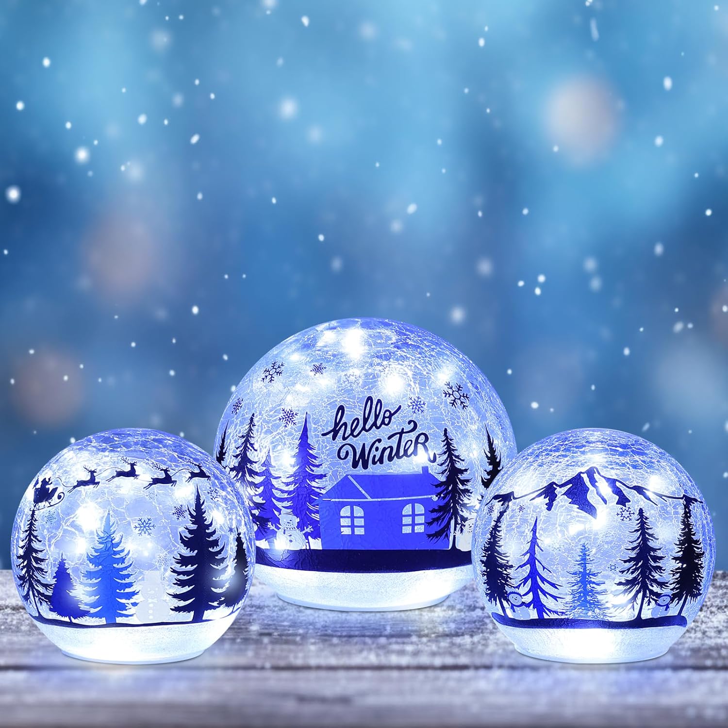 YEAHOME Christmas Decorations Indoor, Set of 3 Crackle Glass Ball with LED Lights Christmas Tree Snowman, Christmas Table Decorations Hello Winter Globes with Timer for Home Mantel Fireplace Decor