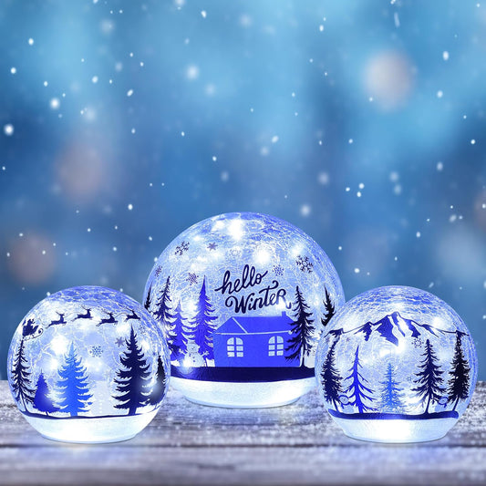 YEAHOME Christmas Decorations Indoor, Set of 3 Crackle Glass Ball with LED Lights Christmas Tree Snowman, Christmas Table Decorations Hello Winter Globes with Timer for Home Mantel Fireplace Decor