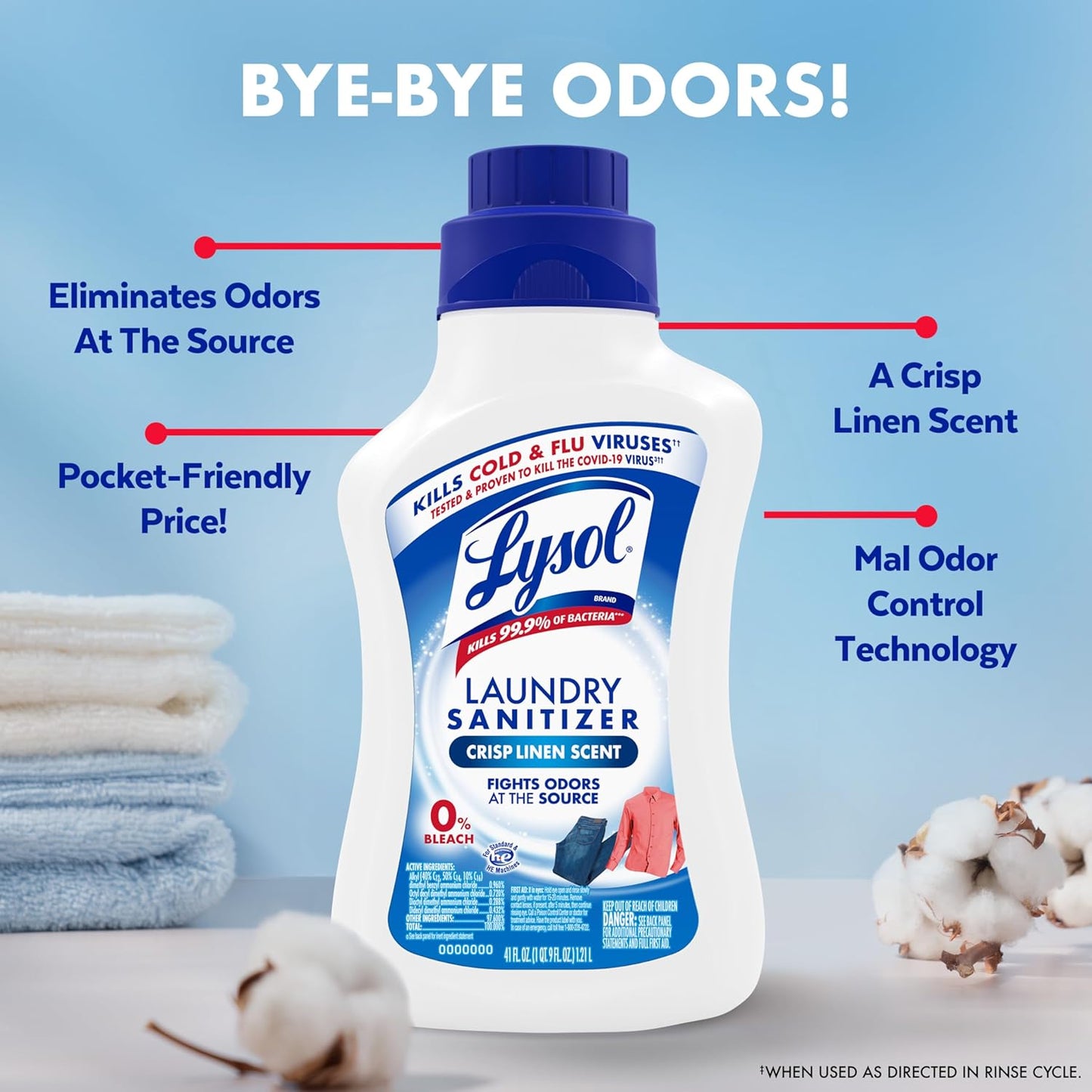 Lysol Disinfectant Laundry Sanitizer & Scent Booster, Laundry Detergent Additive, Color Safe Bleach Alternative, Laundry Odor Eliminator, Kills Bacteria & Viruses, Crisp Linen Scent, 41 Fl Oz Liquid