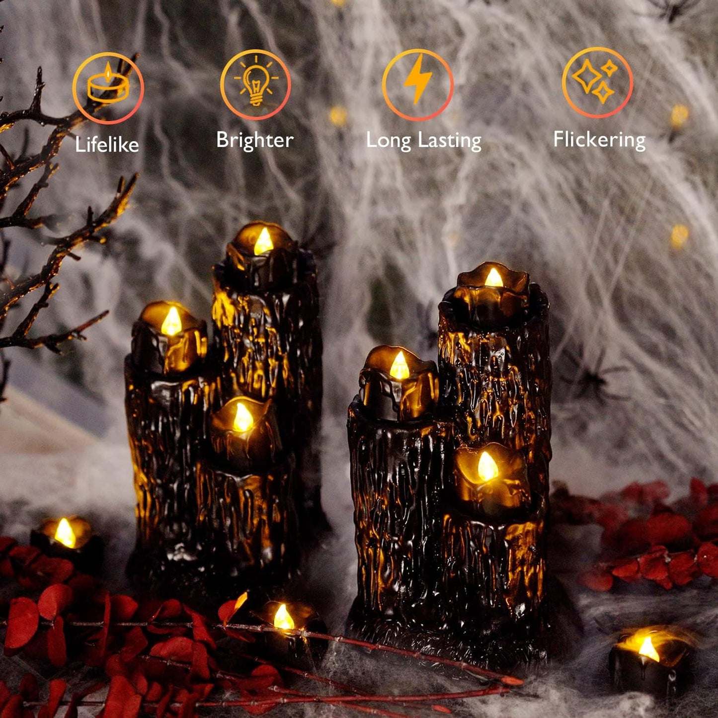 Homemory 24-Pack Halloween Black Dripping Flameless Tea Lights, Battery Operated Flickering LED Candles, Safe for Pumpkins, Party & Holiday Decor, 1.58" D x 1.2" H, Warm White Glow