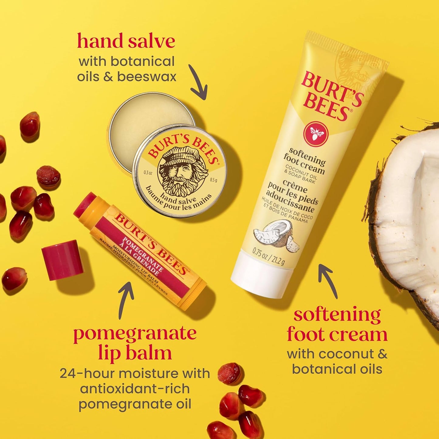 Burt's Bees Gifts Ideas, Tips and Toes Kit, 6 Travel Size Products - Pomegranate Moisturizing Lip Balm, 2 Hand Creams, Foot Cream, Cuticle Cream, and Hand Salve