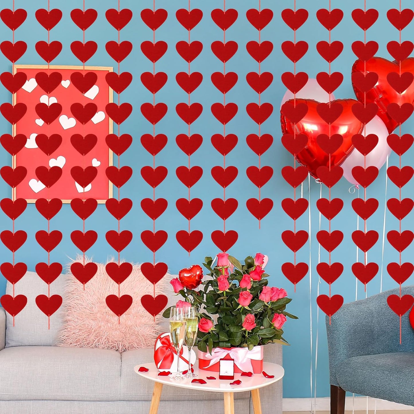 40PCS Valentines Day Decor, Red Heart Banner with Felt Hearts, Hanging Valentines Day Decoration Indoor Outdoor Valentine's Day Party Banner for Wall Fireplace Office Home Decor