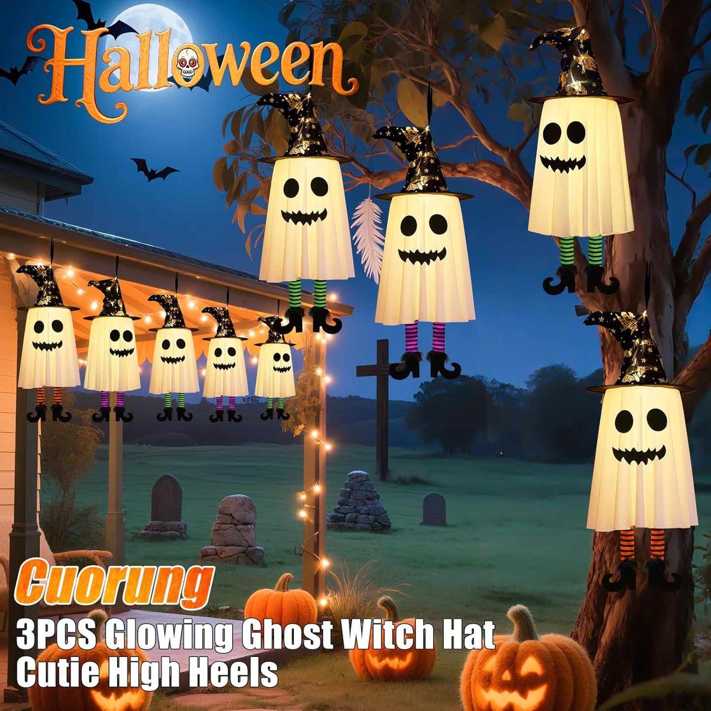 3 Packs Halloween Hanging Ghosts Decorations Outdoor Indoor, Spooky Glowing Ghost Witch Hat Striped Stockings High Heels String Lights 3 Modes Patio Yard Front Porch Tree Party(Contains 18 Batteries)